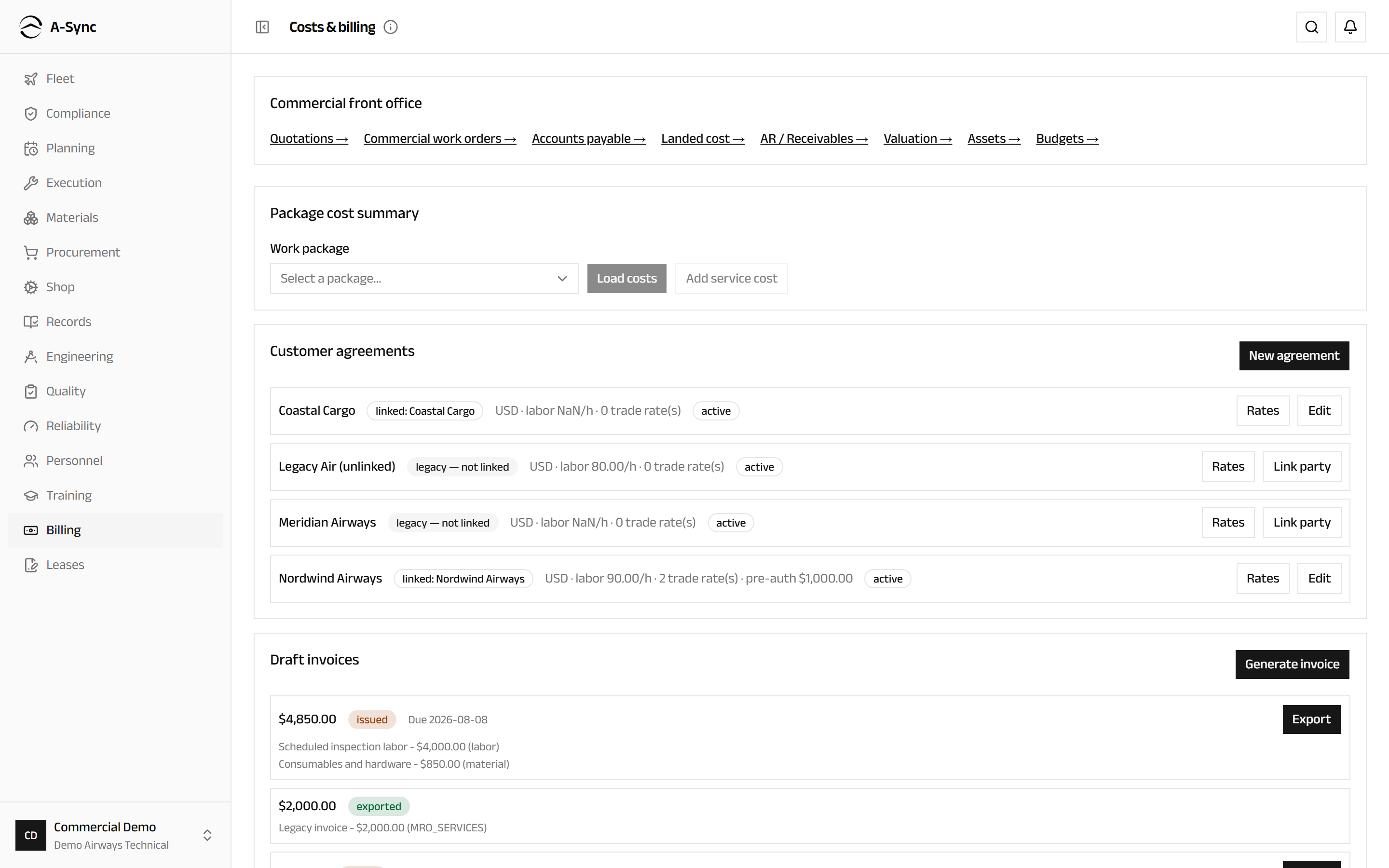 The billing hub with the commercial front office links above the package cost summary, customer agreements and draft invoices