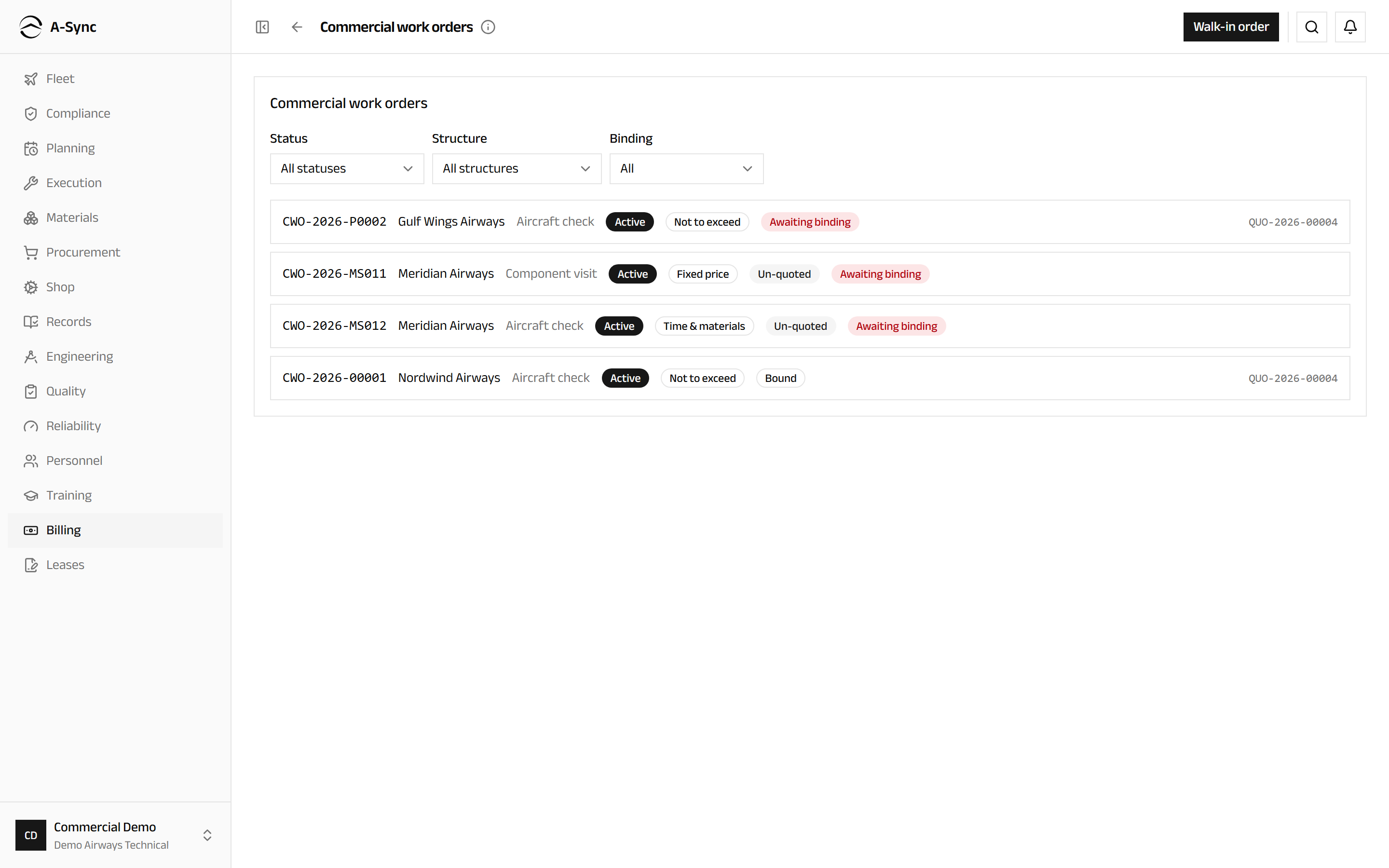 The commercial work order register, showing each order's customer, origin, pricing structure and whether it is bound to an execution record