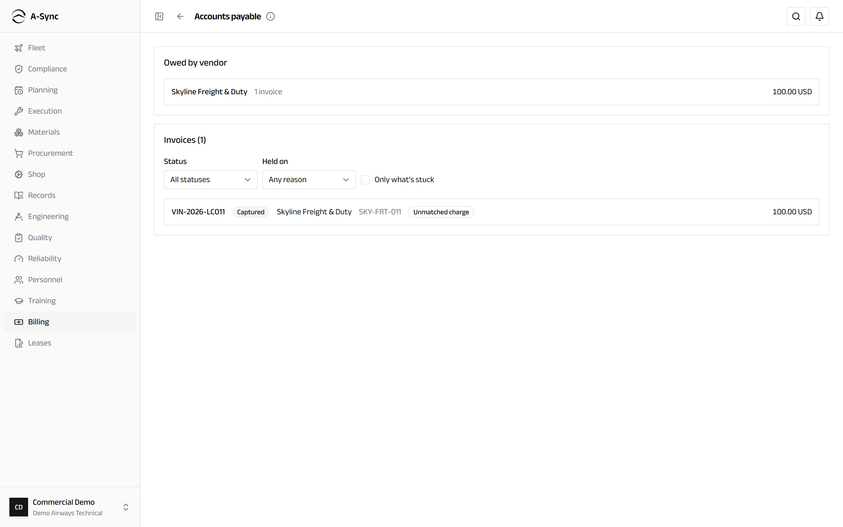 The accounts payable register showing what is owed by vendor, open credit notes, and the invoice list filtered to what is held