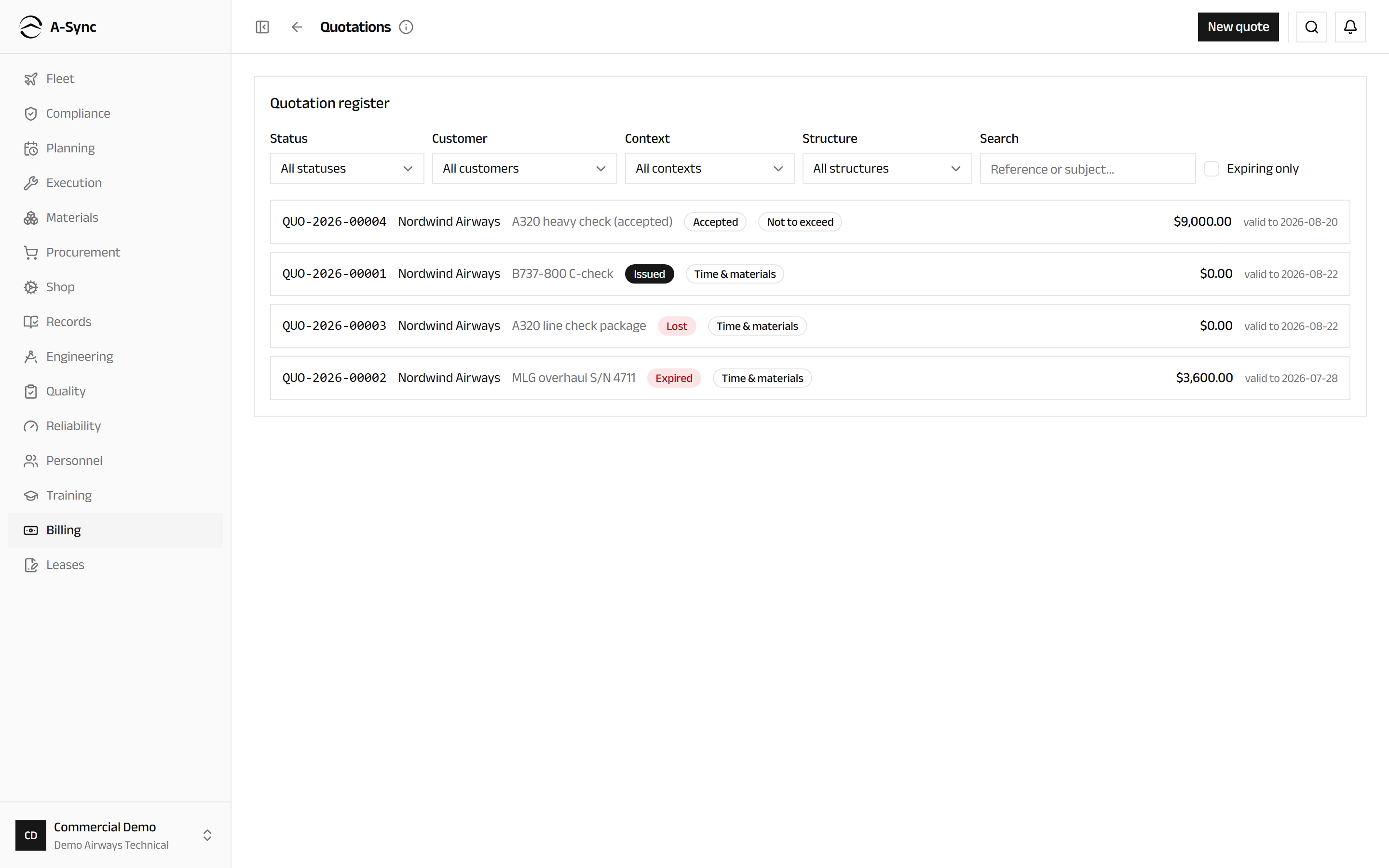 The quotation register, filtered by status, customer, context and structure, with each quote's value and validity date