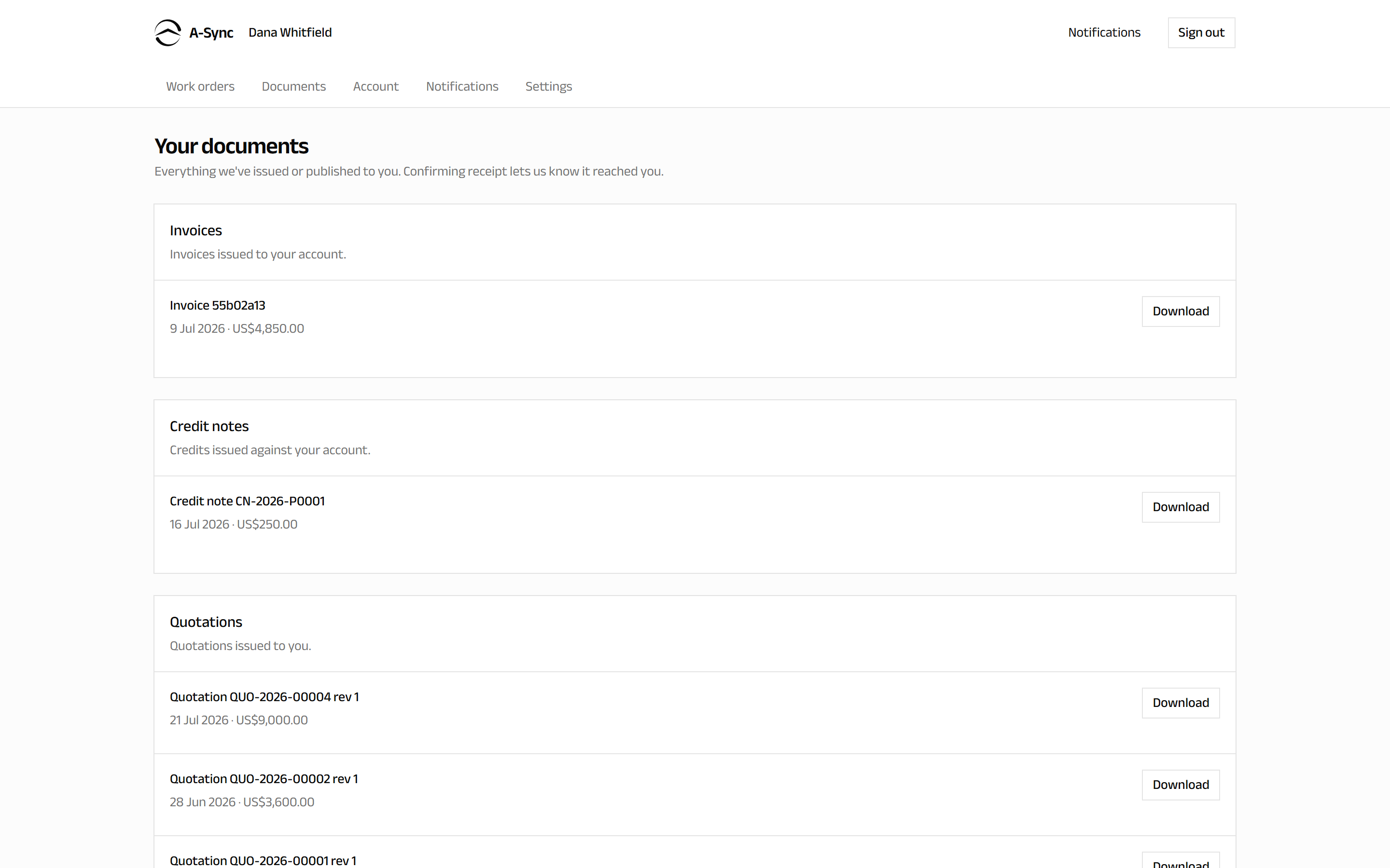 The documents screen grouping release certificates, records packages, invoices, credit notes and quotations