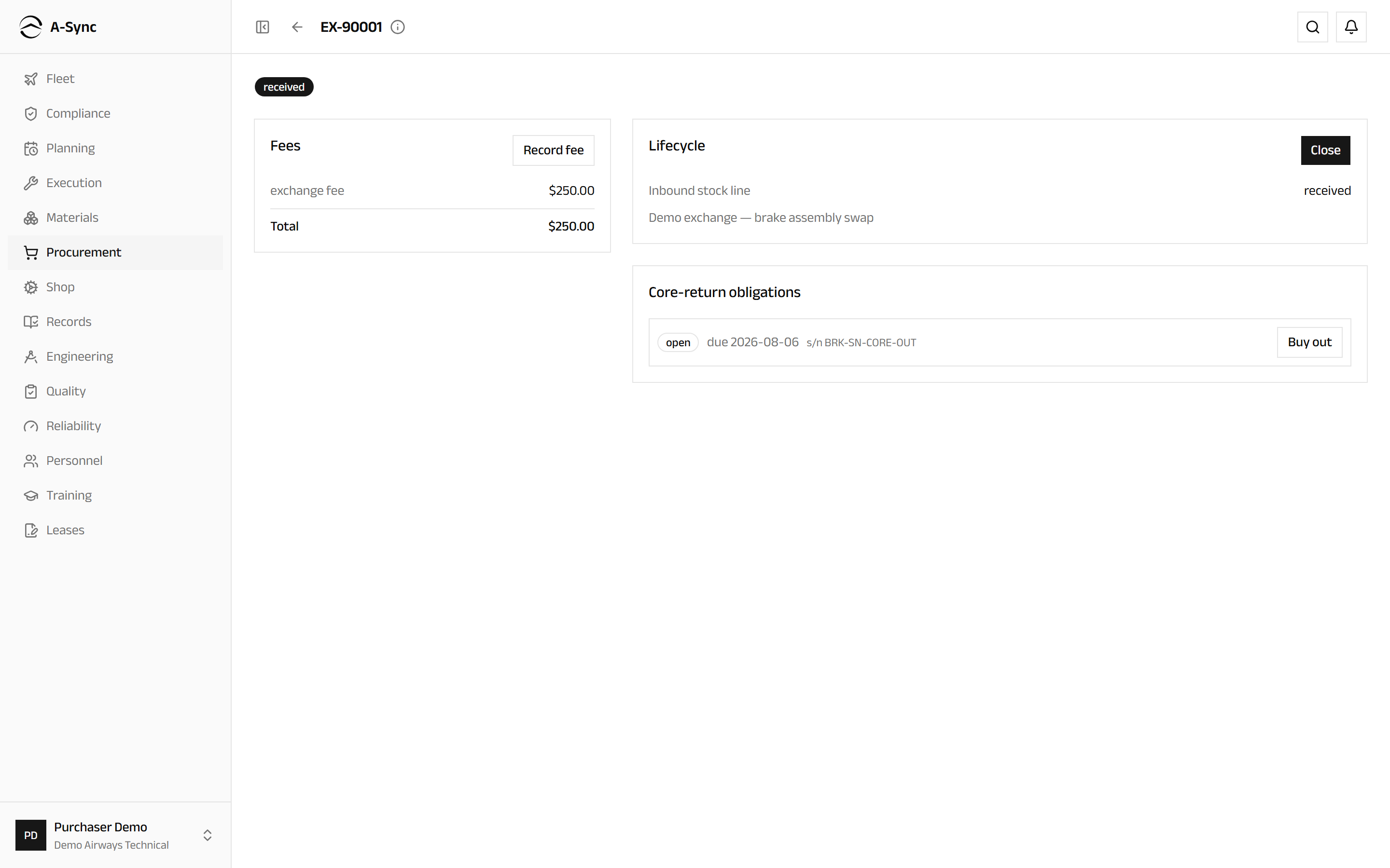 One exchange order showing its lifecycle actions, recorded fees and the core-return obligation with its due date