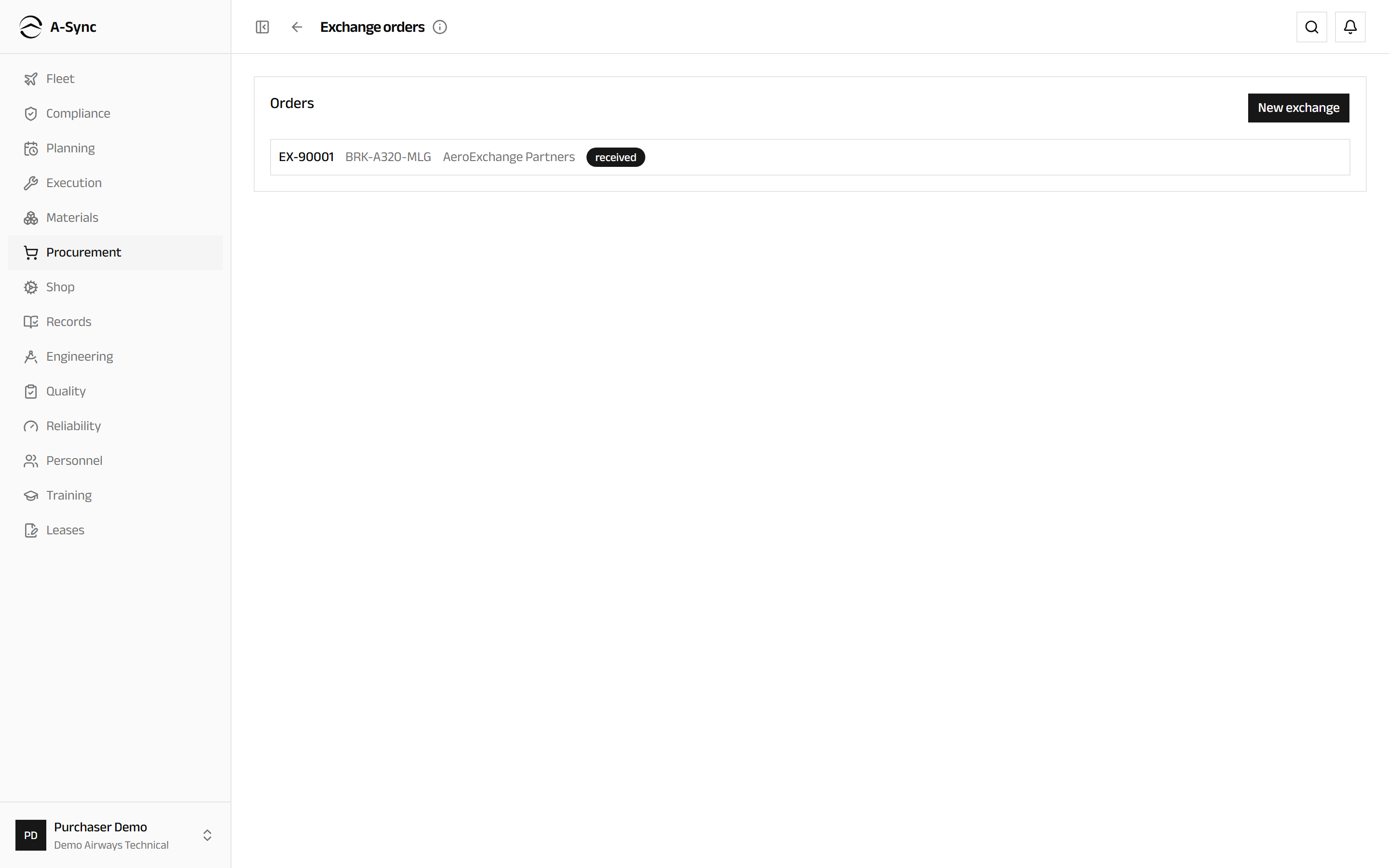 The exchange order board listing orders with their counterparty, status and any overdue core
