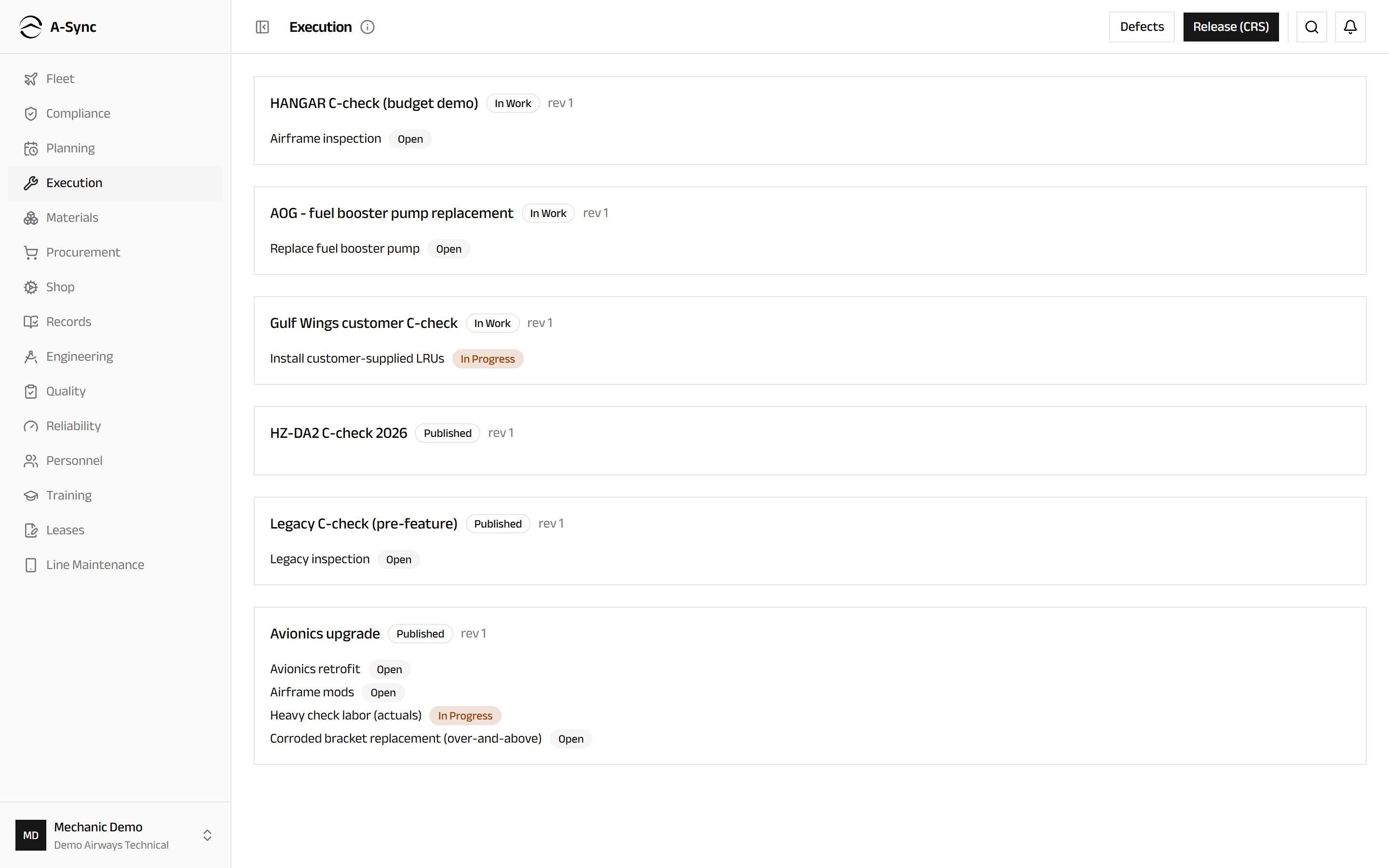 The execution overview listing published and in-work packages with their task cards and statuses
