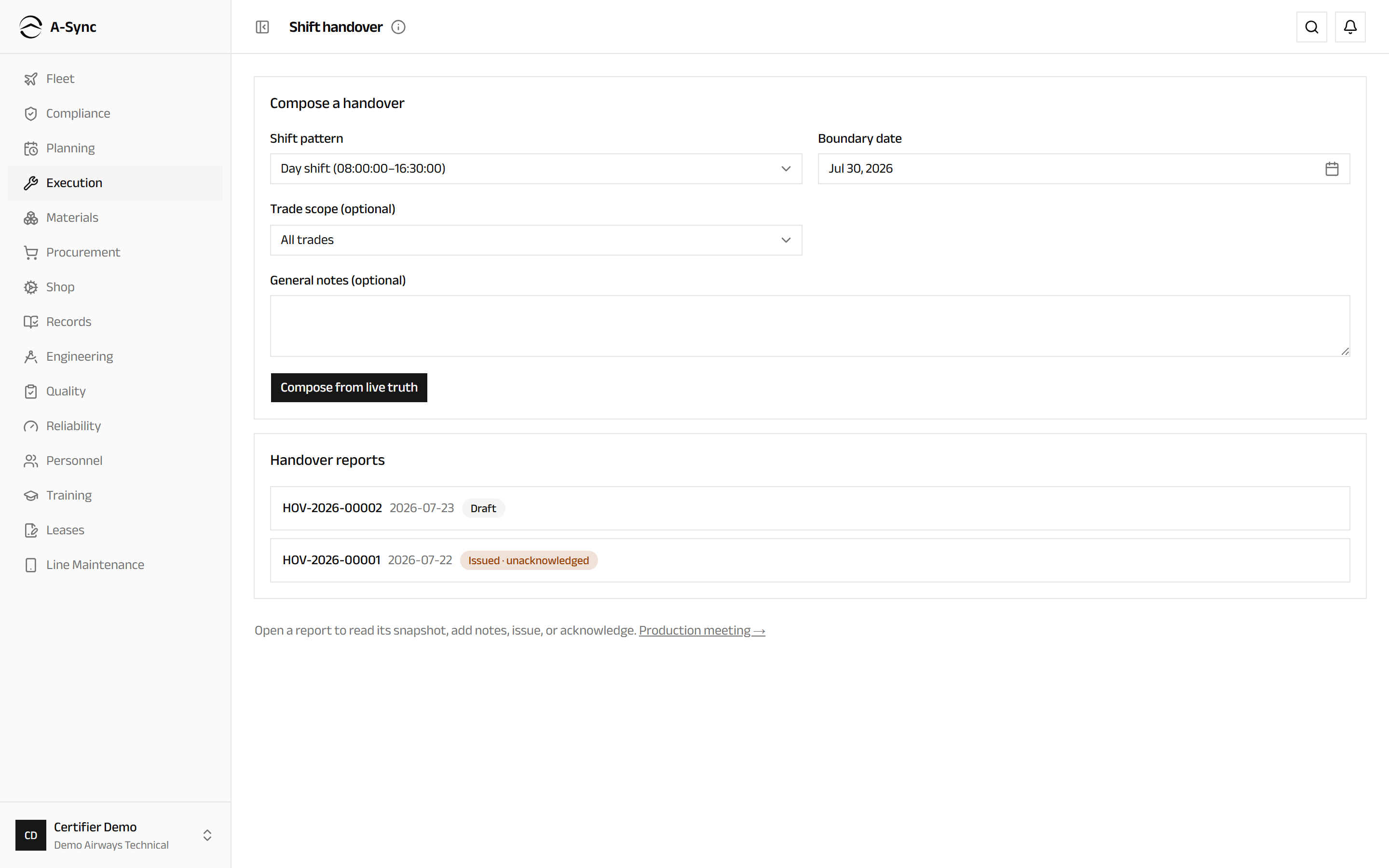 The shift handover screen with the compose panel beside the list of issued and acknowledged reports
