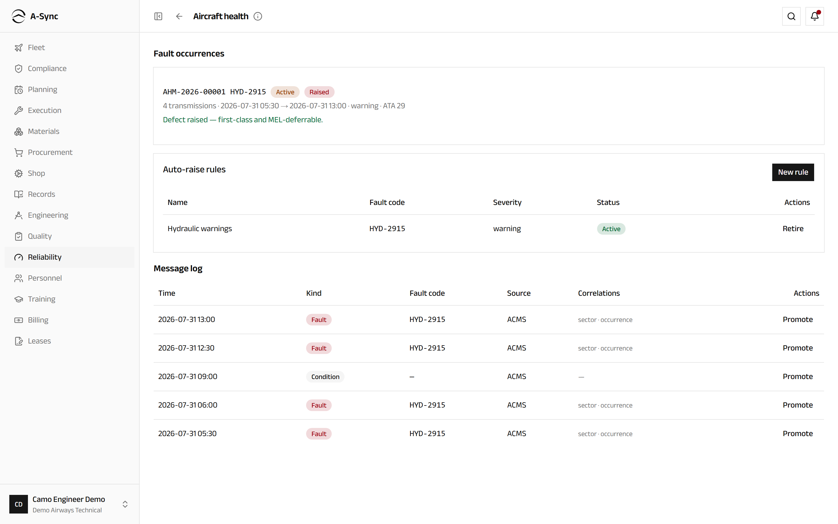 The health message log showing each ingested message with its kind, source system and what it was correlated to