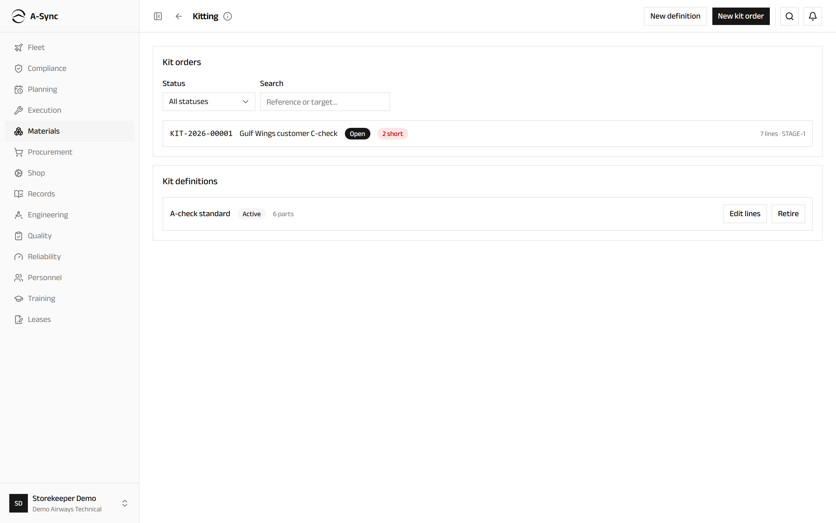 The kitting screen showing kit definitions and the kit orders raised from them