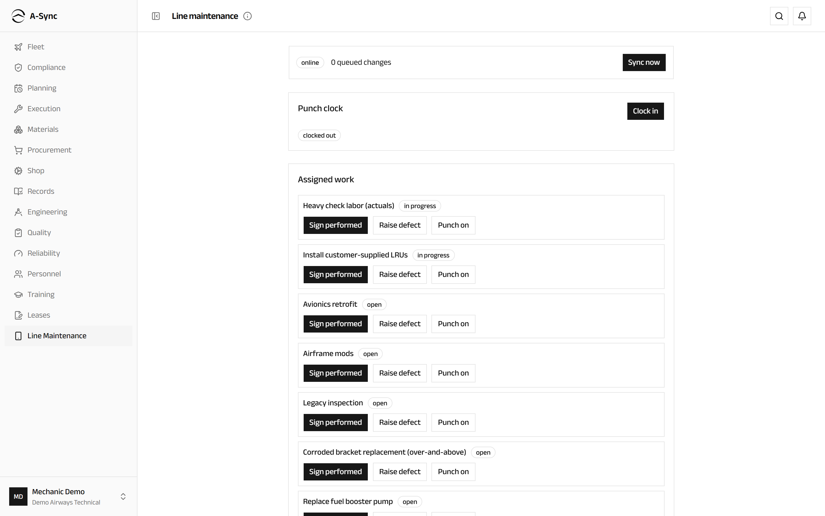 The Line Maintenance workspace with its sync status bar, punch clock and the list of assigned work