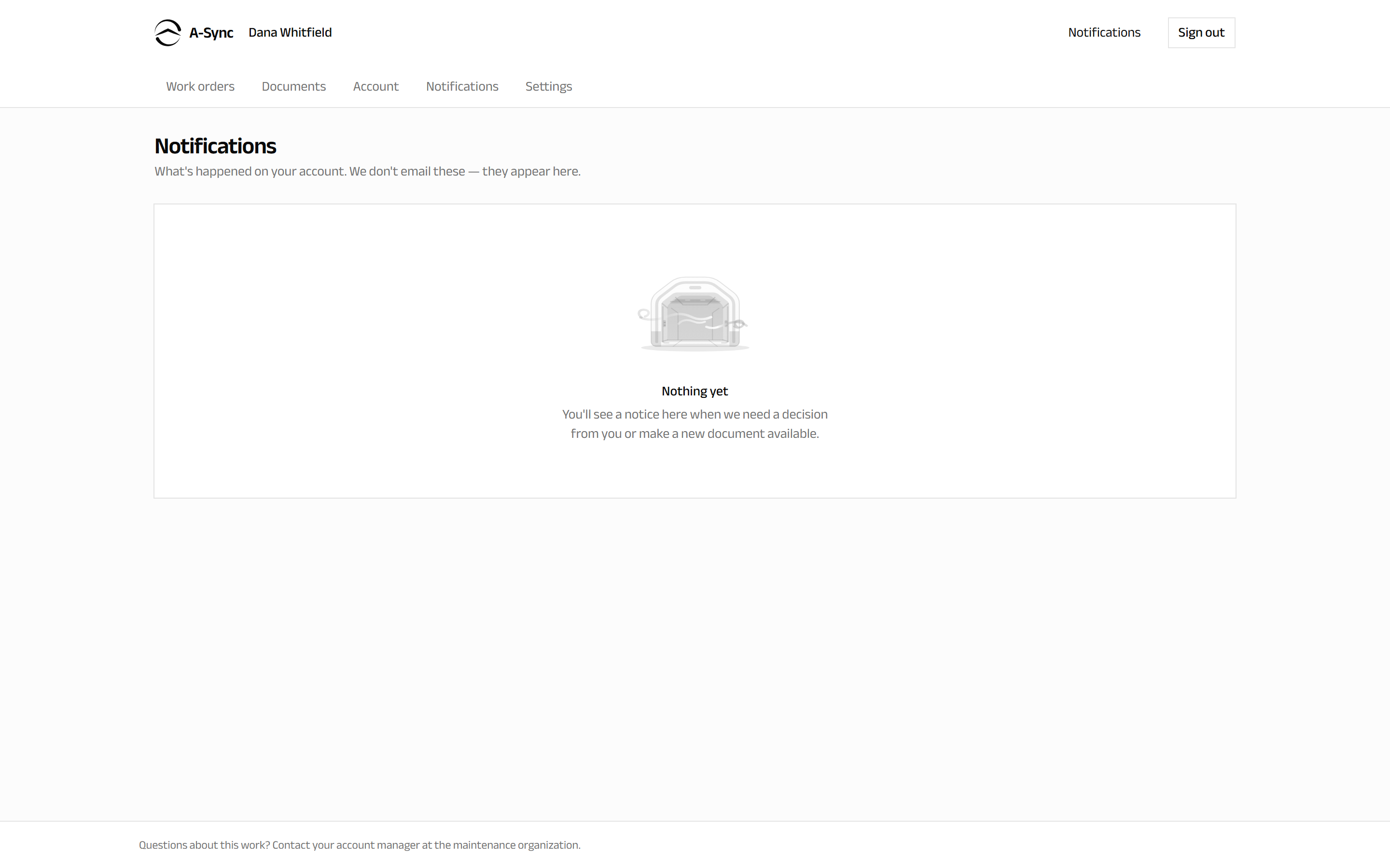 The notifications screen listing notices about decisions needed and documents made available