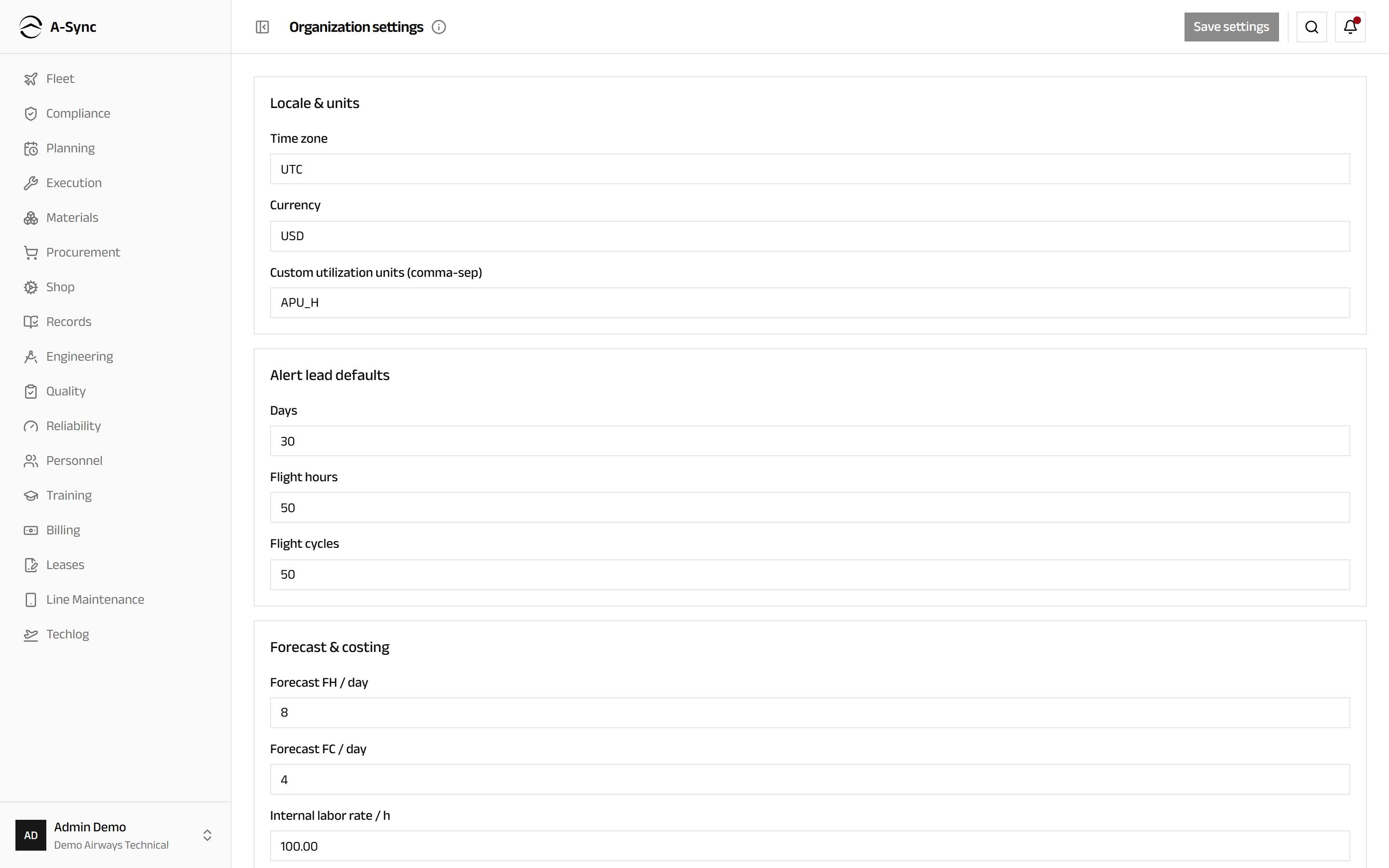 Organization settings, showing the locale and units, alert lead defaults and forecast and costing cards