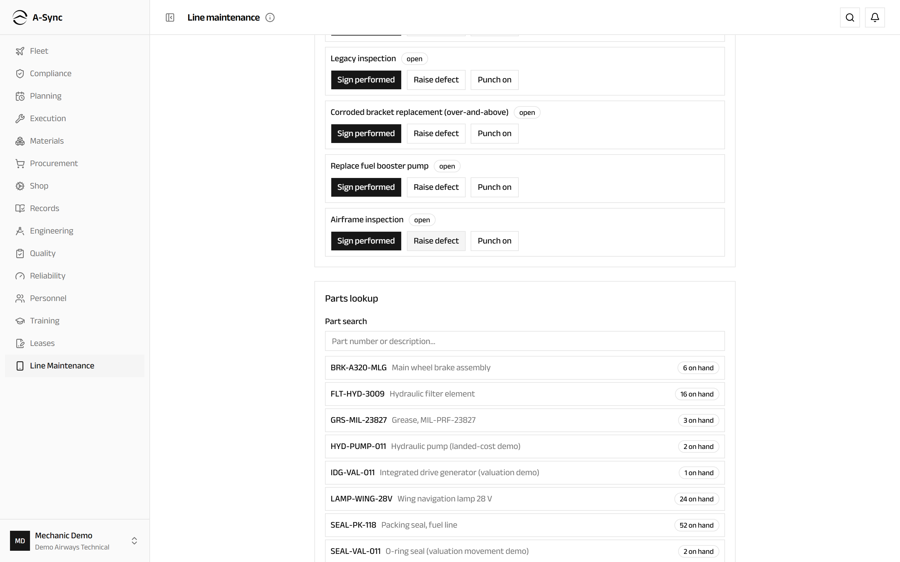 Parts lookup, listing part numbers, descriptions and the quantity on hand
