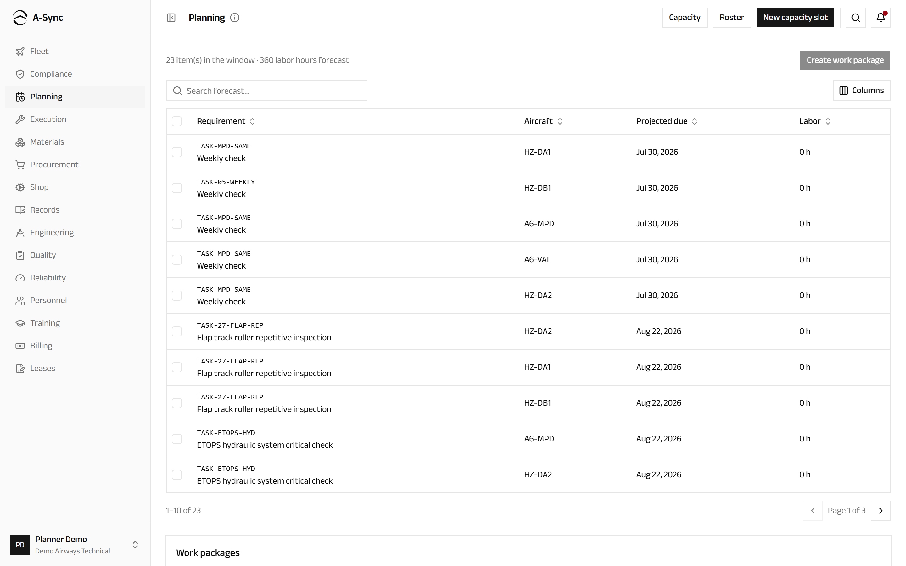 The planning screen showing the workload forecast with selectable due items above the list of work packages