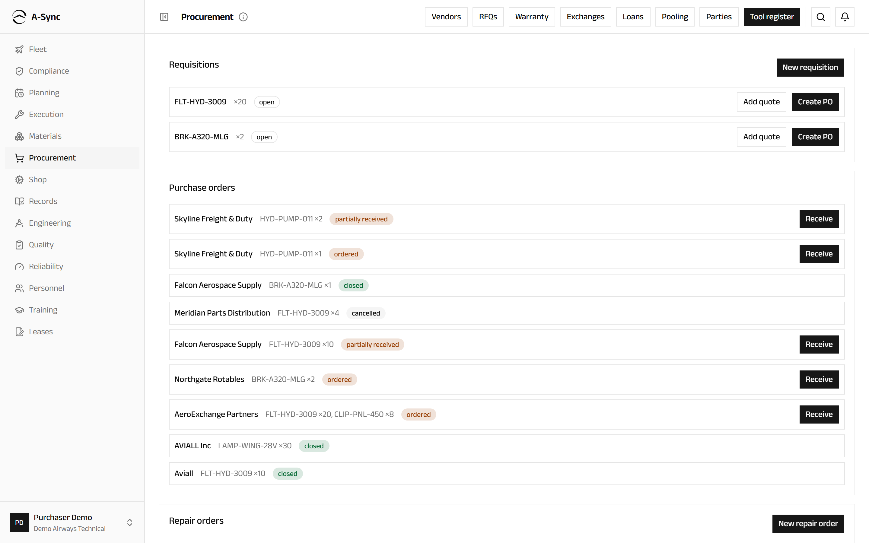 The procurement board showing open requisitions, purchase orders and repair orders with their next actions