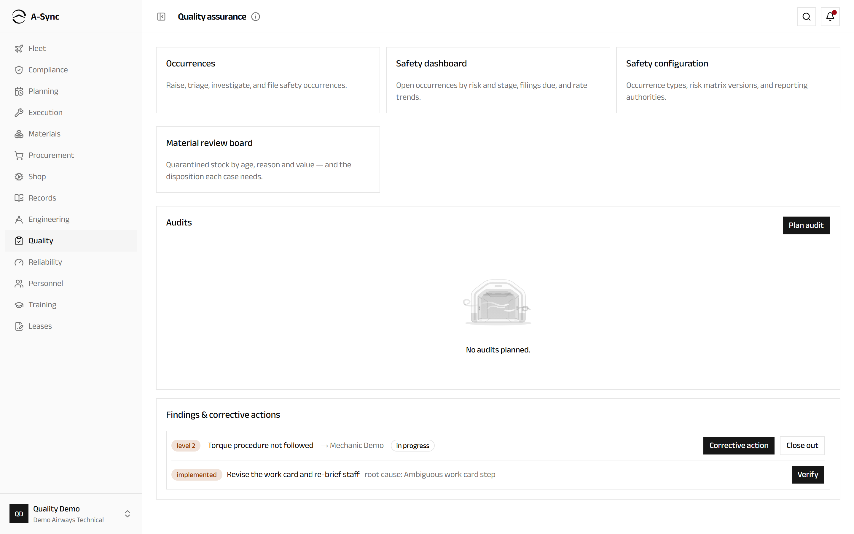 The Quality landing screen with the safety management and material review entry points above the audit plan