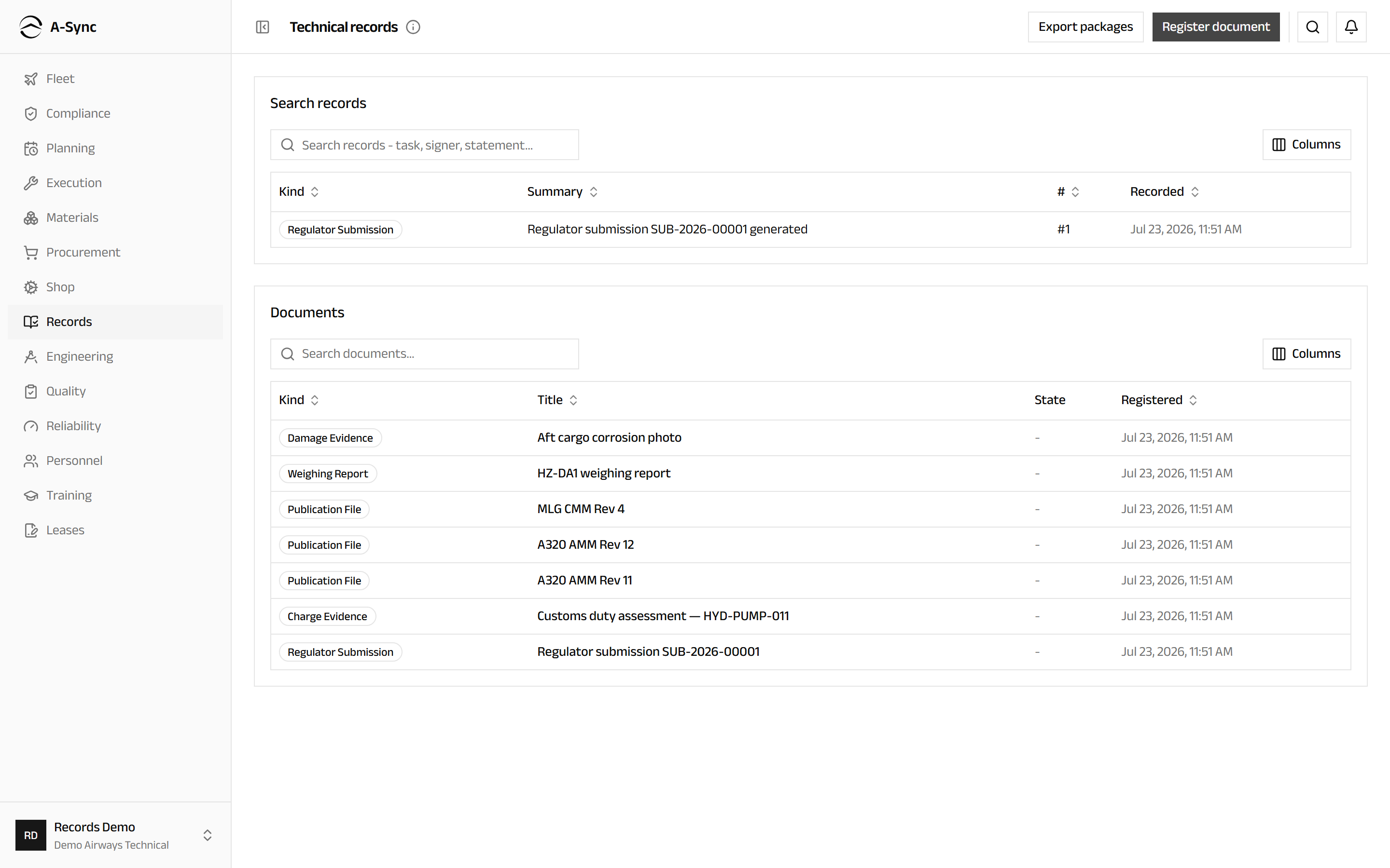 The document registry listing registered documents with their kind, state and registration date