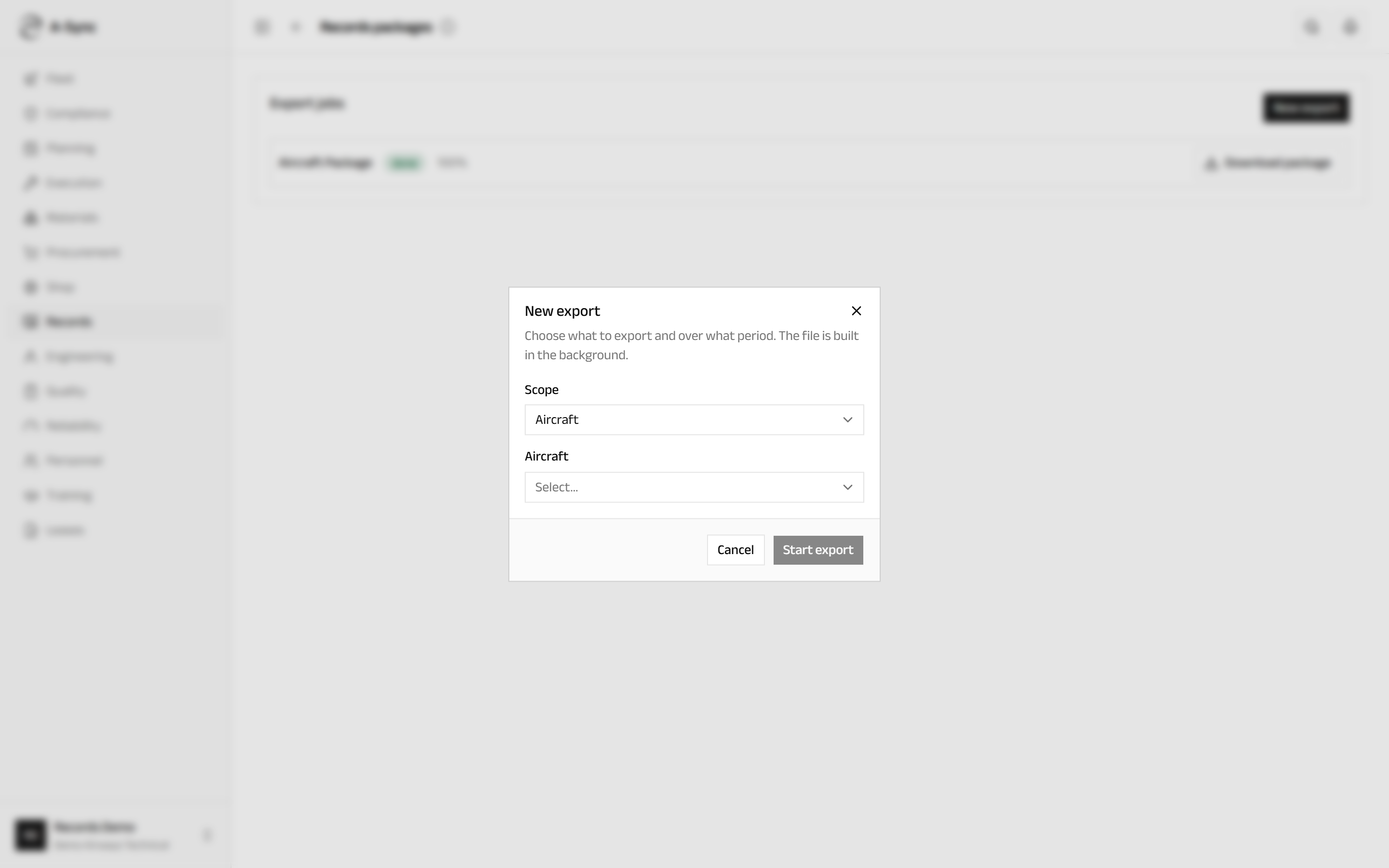 The new export dialog, with the scope set to an aircraft