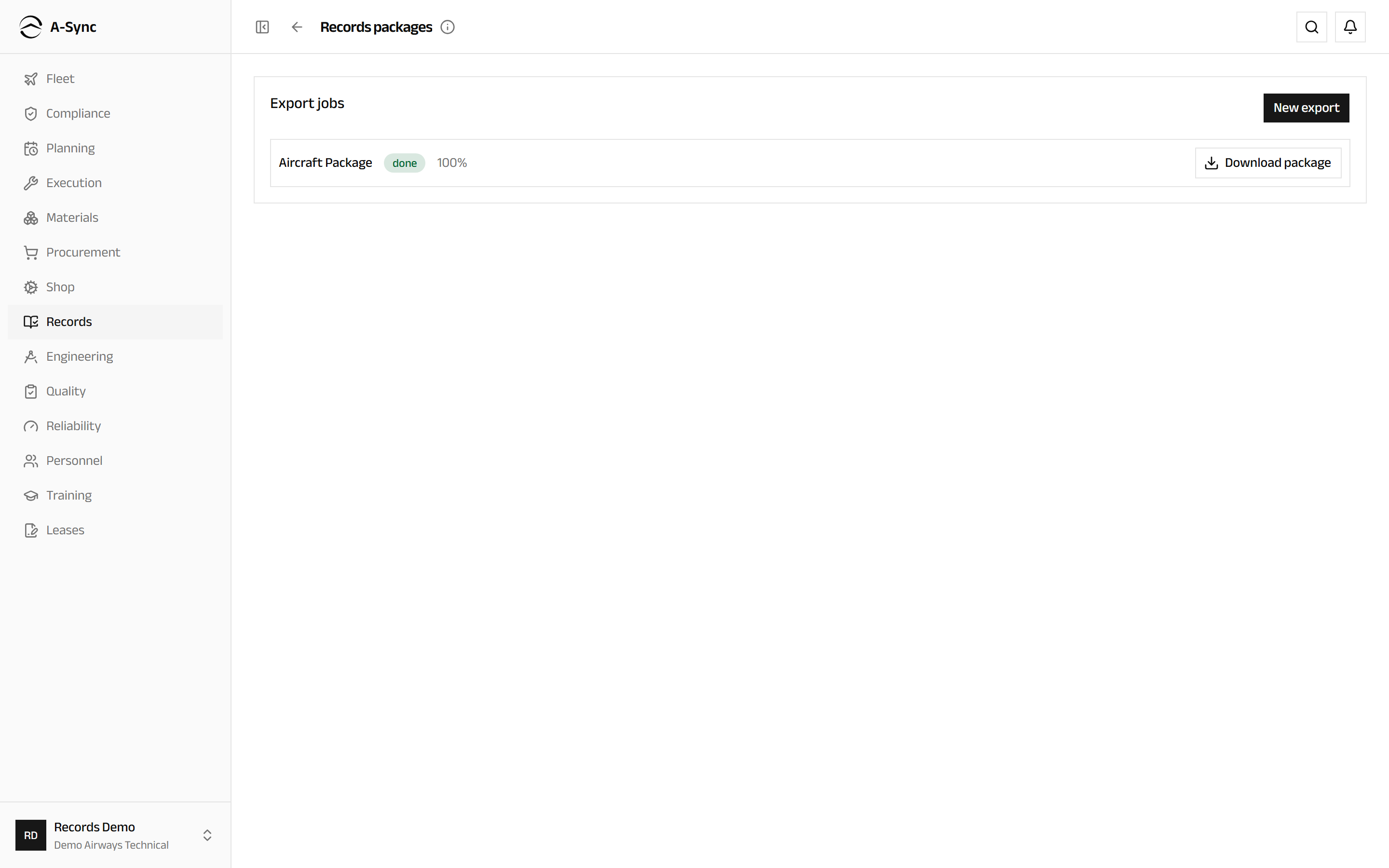 The export jobs list showing each package, its progress and its download link