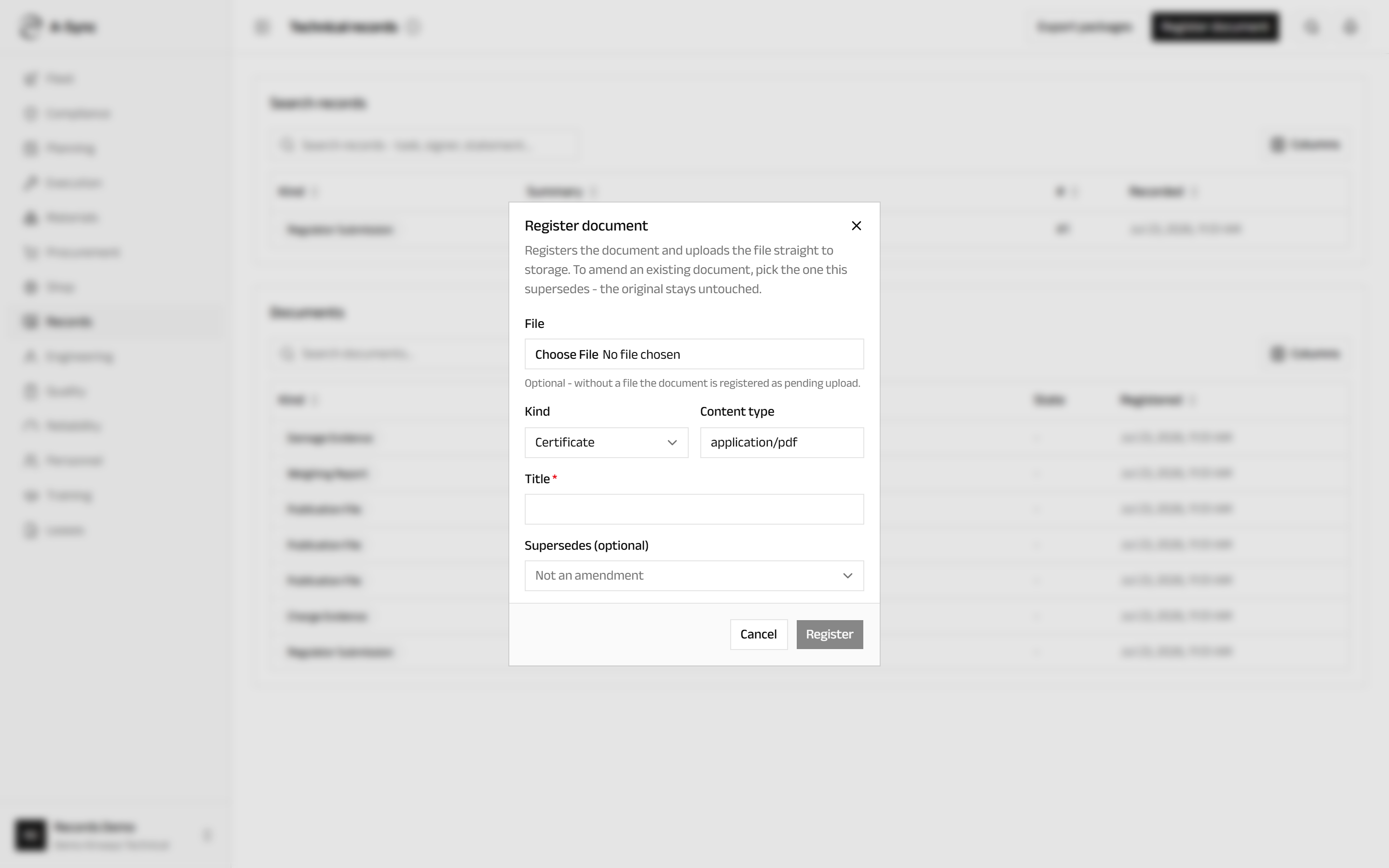 The register document dialog with its file, kind, title and supersedes fields