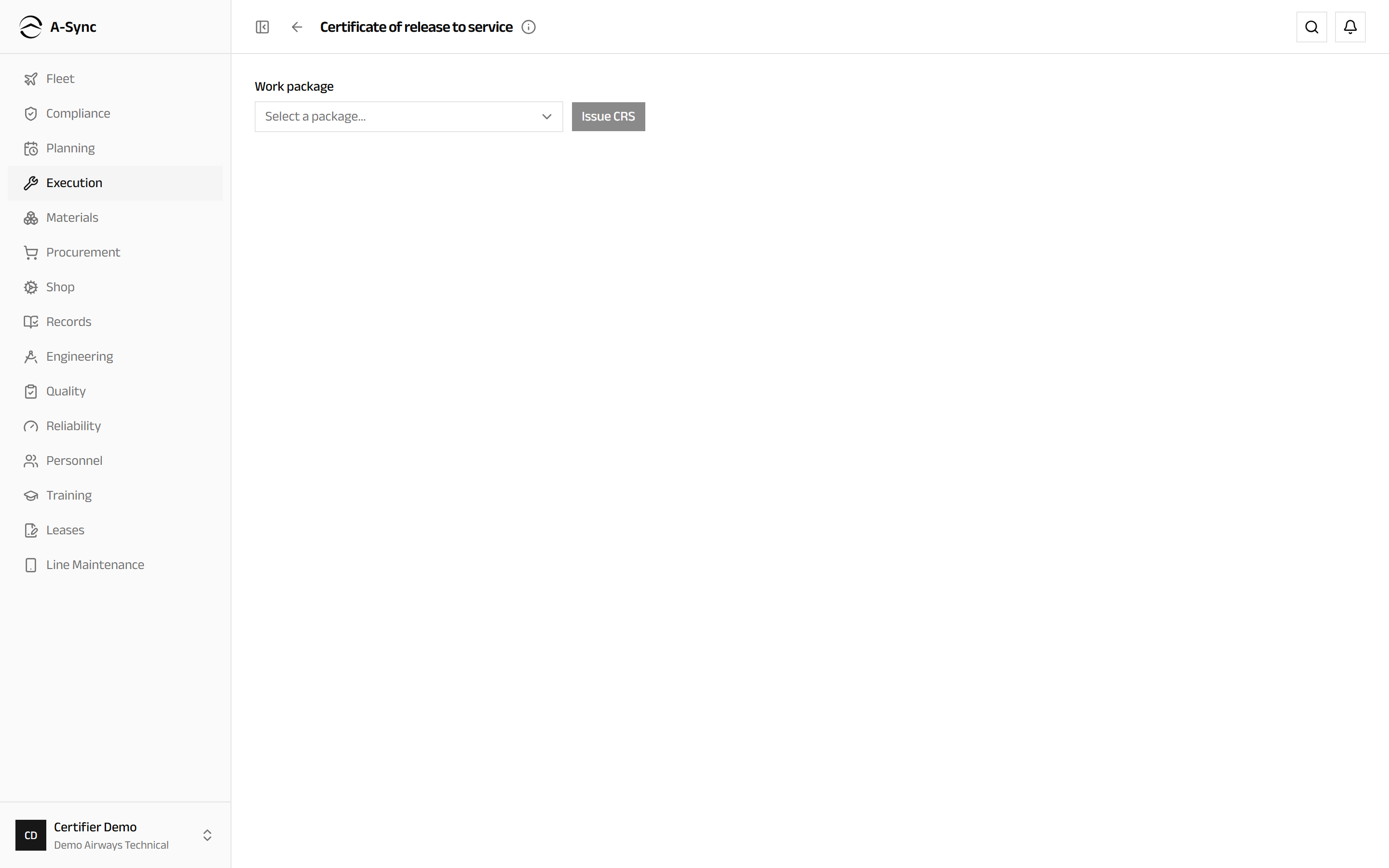 The release screen with a work package selected and its blocking items listed before a certificate can be issued