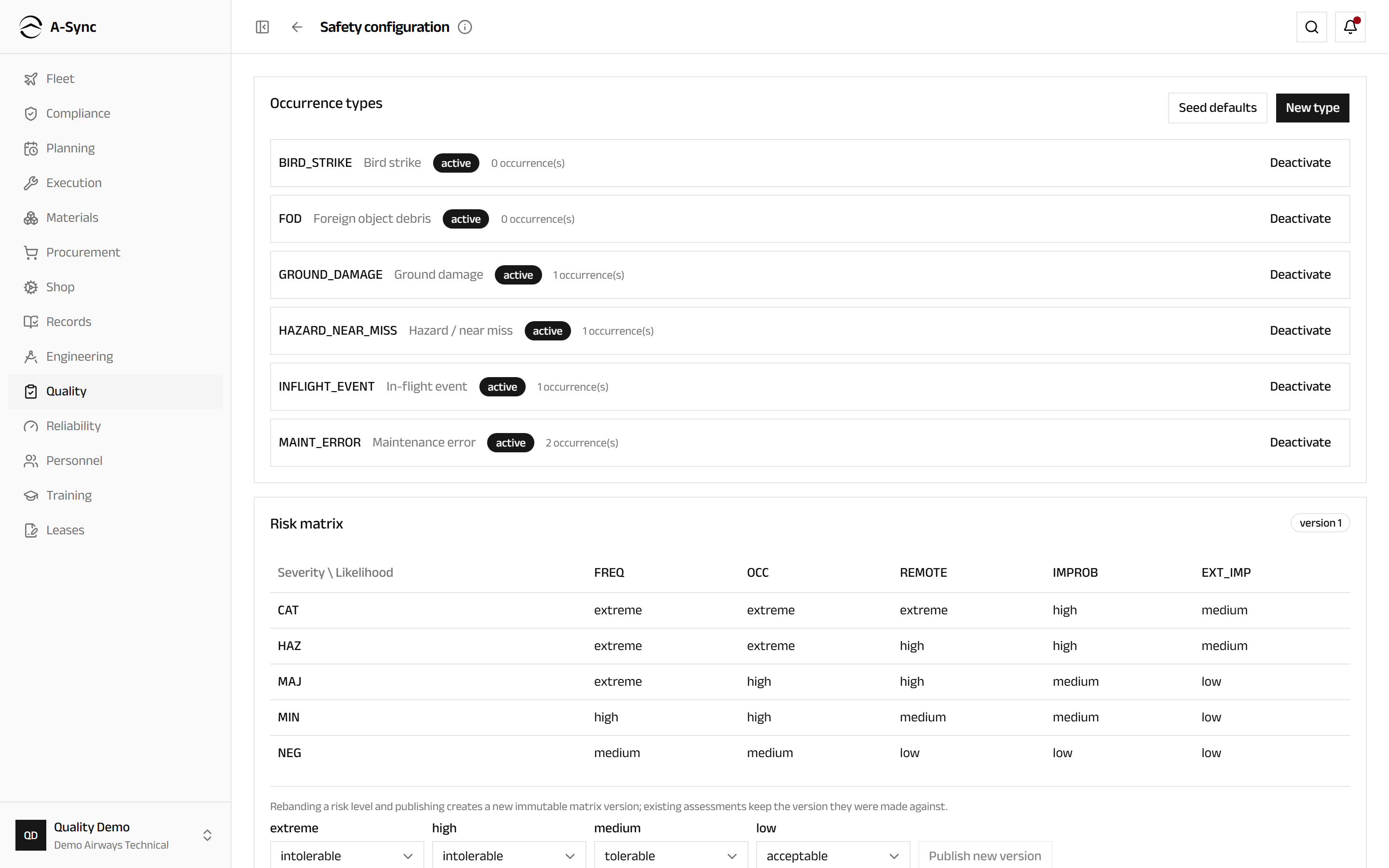 The safety configuration screen with the occurrence-type taxonomy, the risk matrix and the reporting authorities