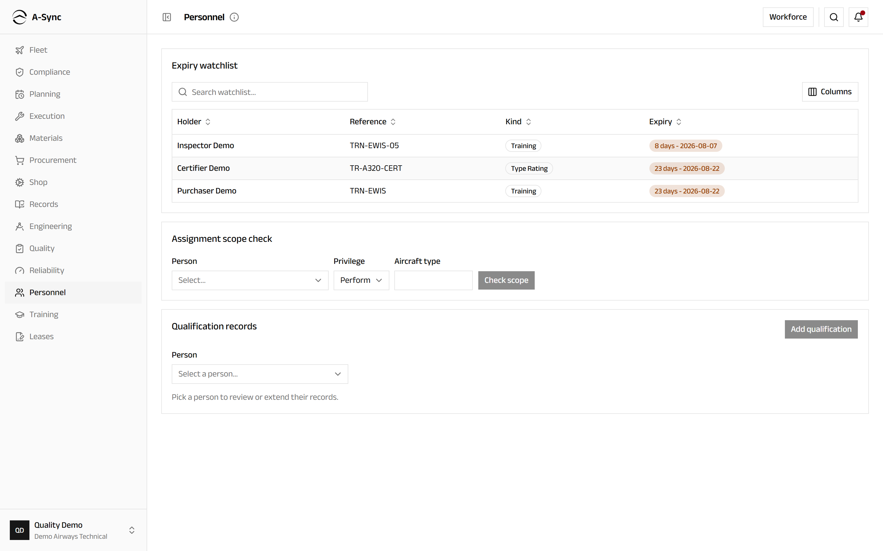 The assignment scope check, asking whether a named person is covered for a privilege on an aircraft type