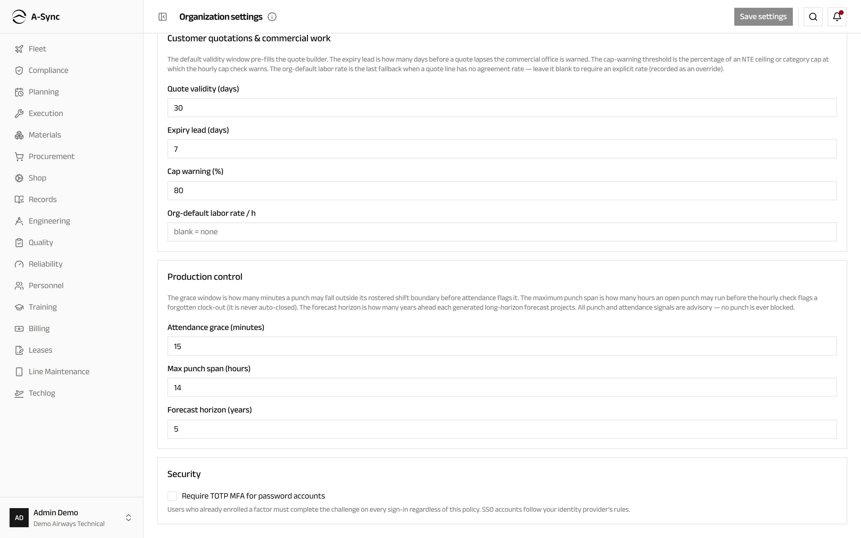 The security card with the policy requiring two-factor authentication for password accounts