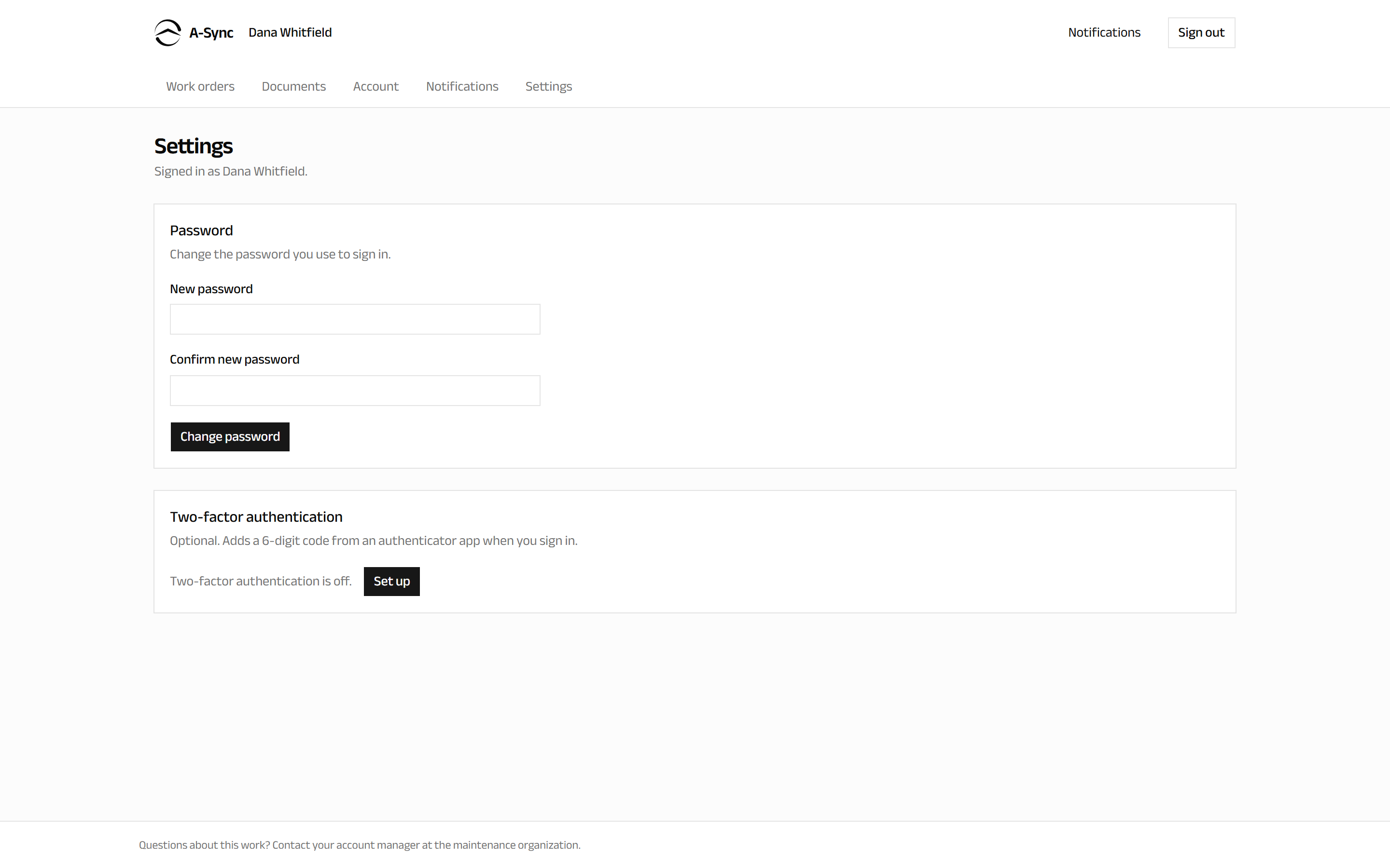 The portal settings screen with the password and two-factor authentication panels