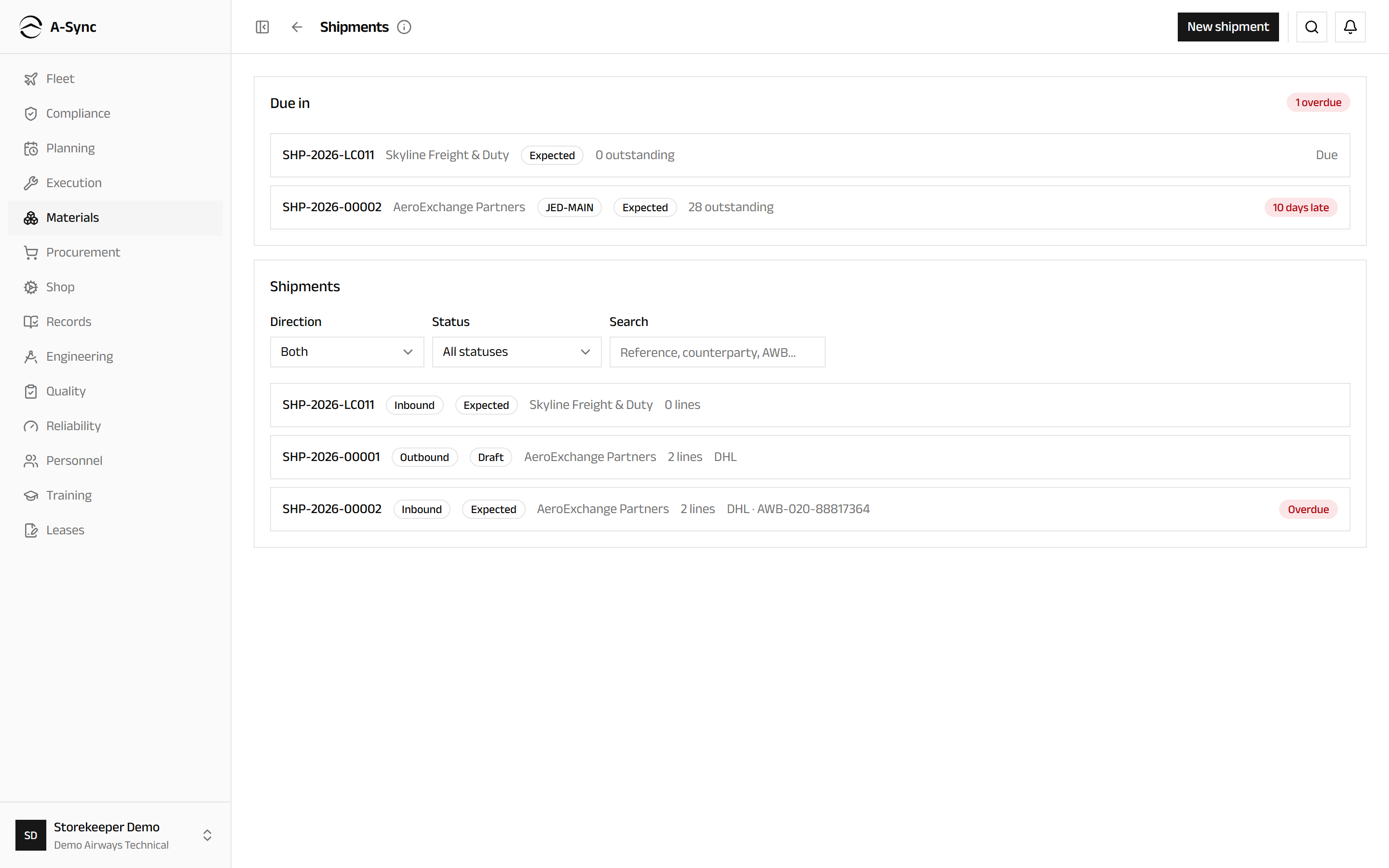The shipments screen showing outbound and inbound movements with what is due and what is overdue
