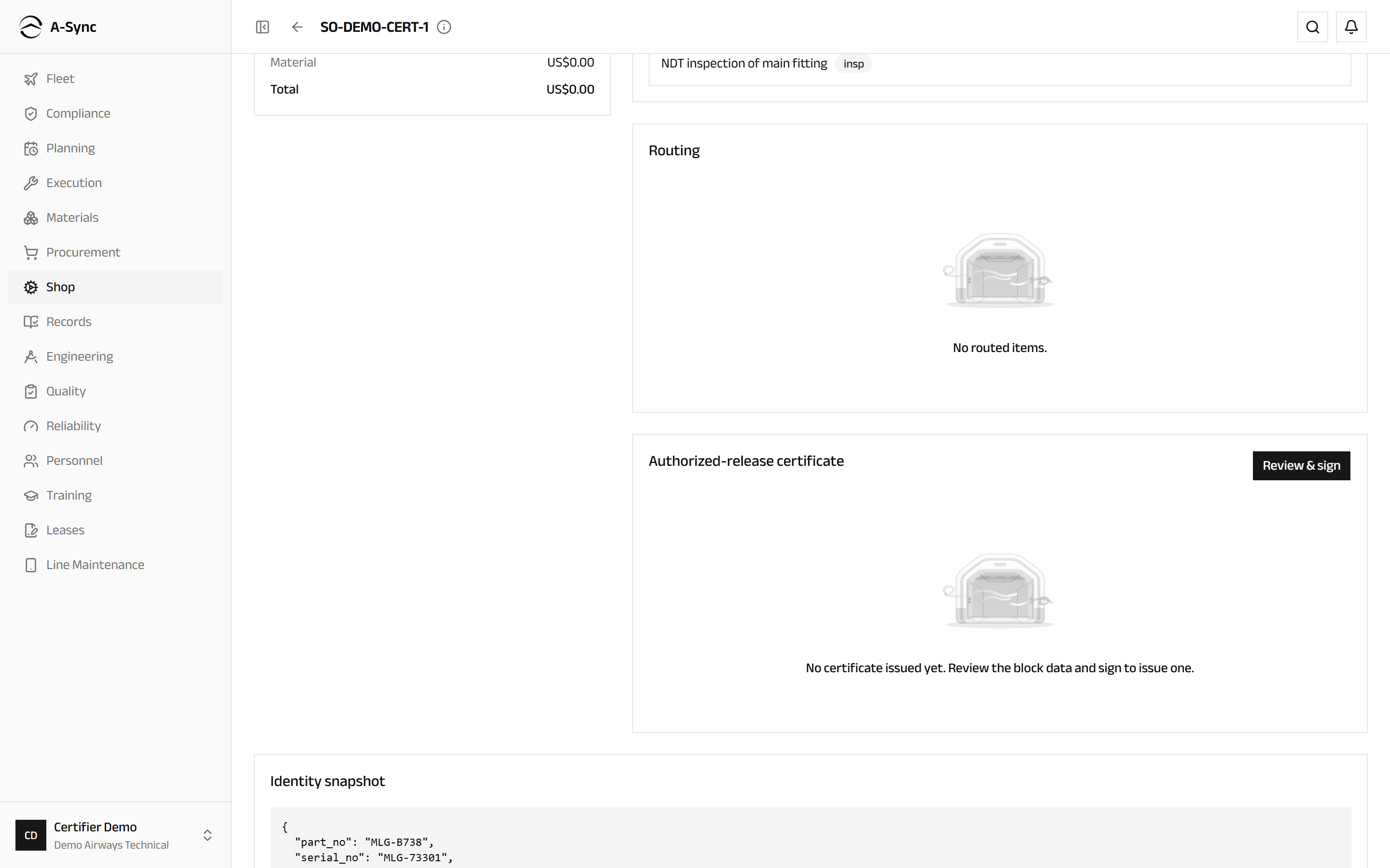 The release certificate panel on a shop order at its final gate, ready to be reviewed and signed