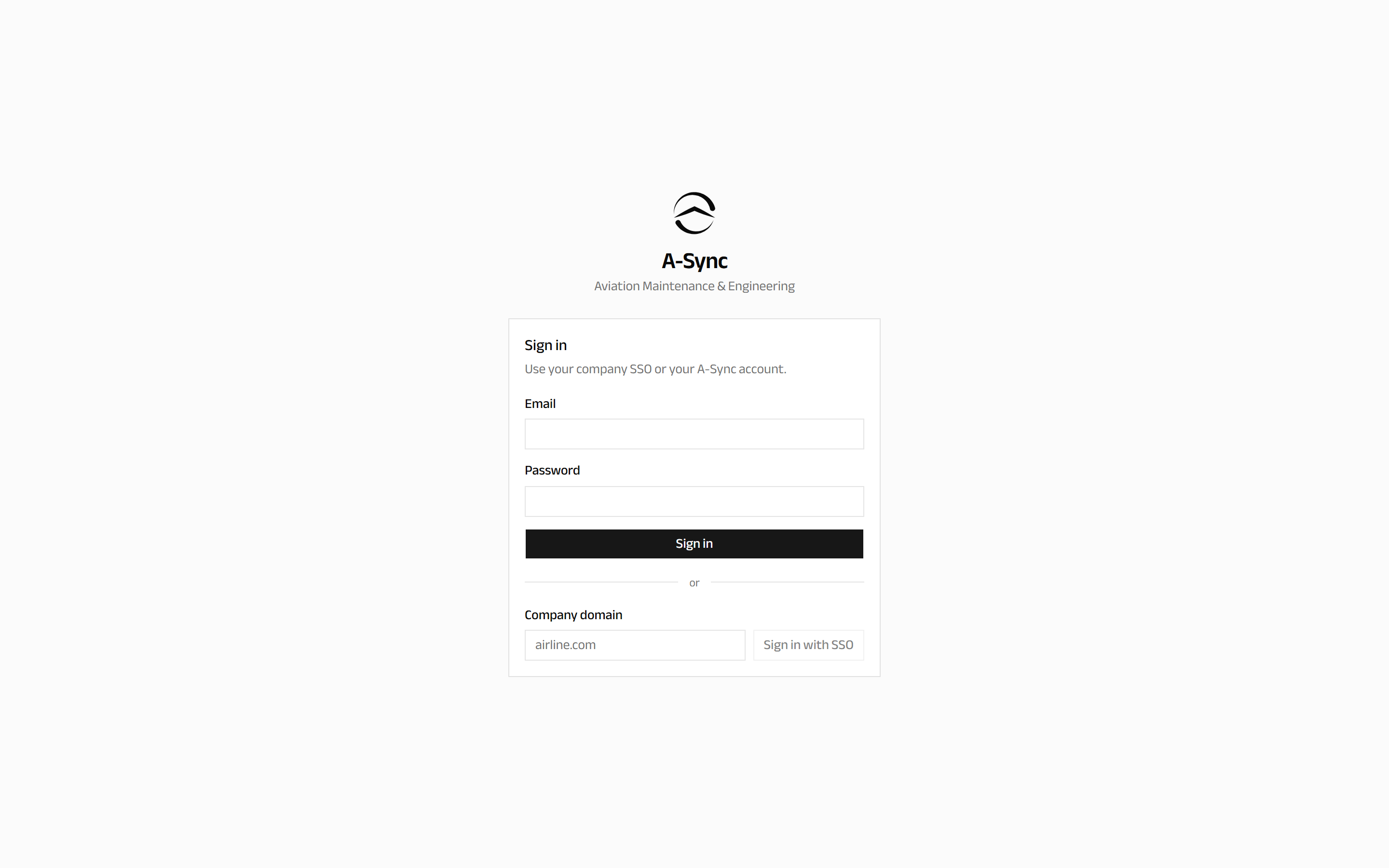 The A-Sync sign-in screen, with fields for email and password and a separate option to sign in with a company domain