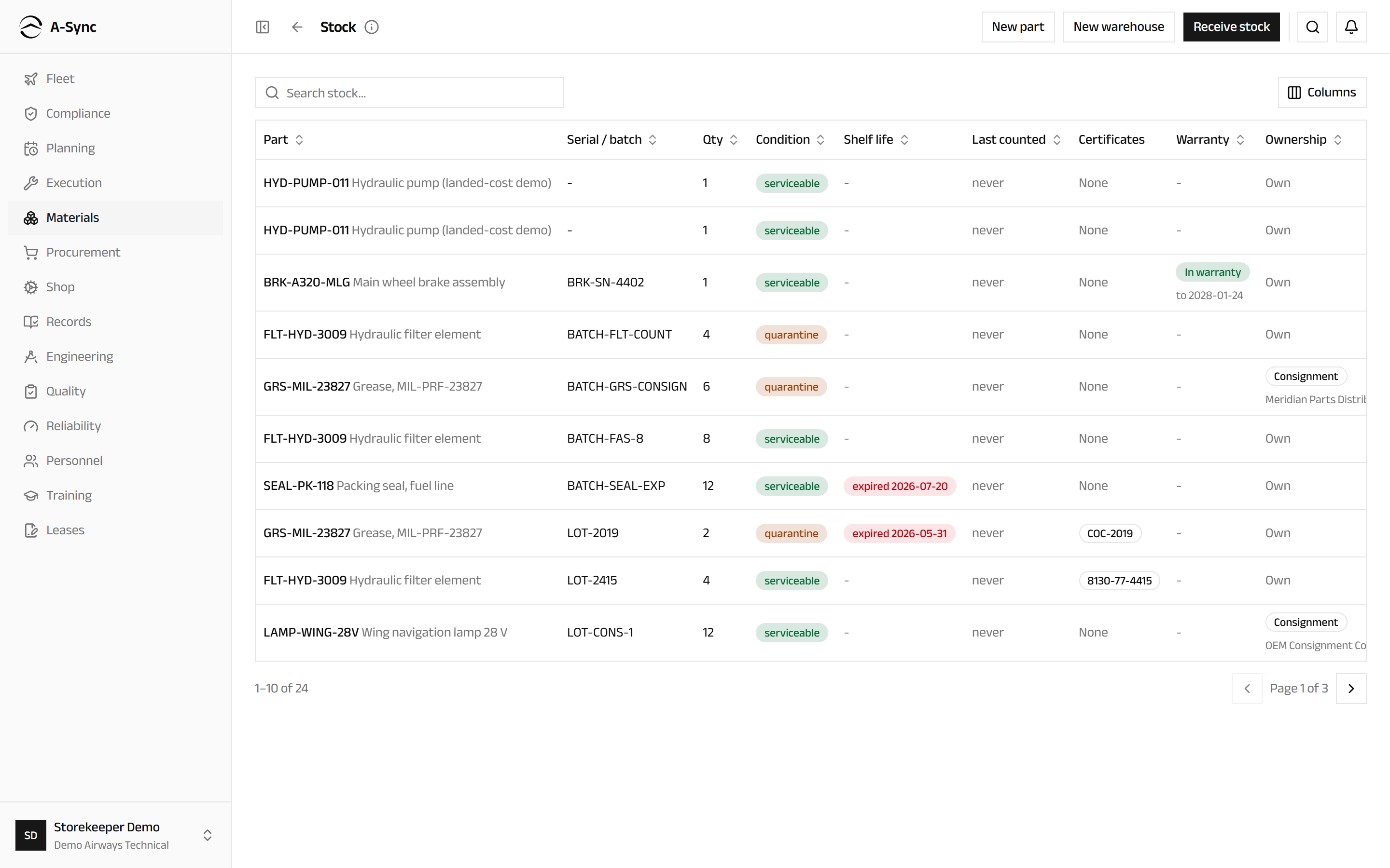 The stock browser listing parts with their quantities, warehouses and conditions