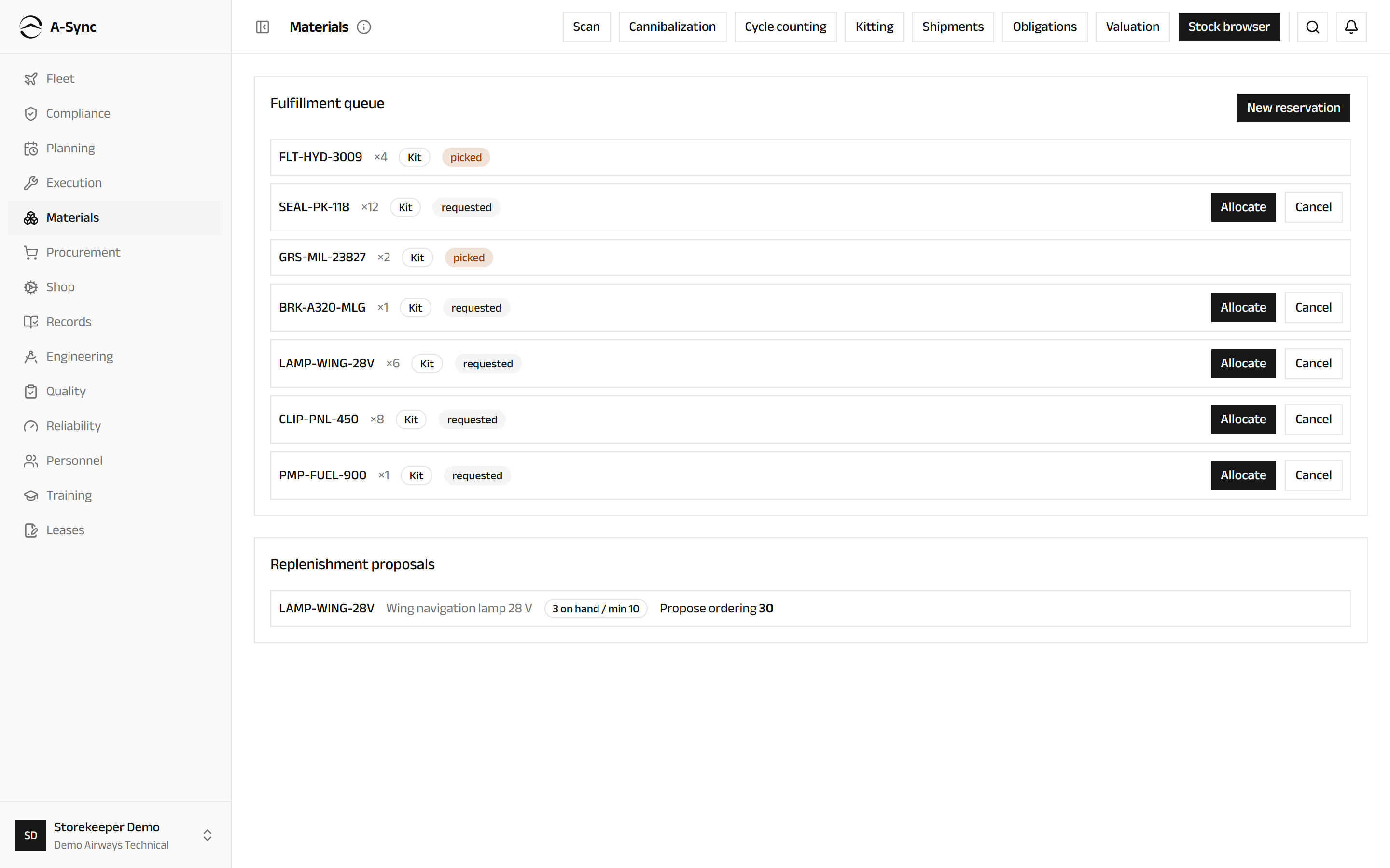 The Materials hub showing the fulfilment queue of reservations awaiting allocation, picking and issue
