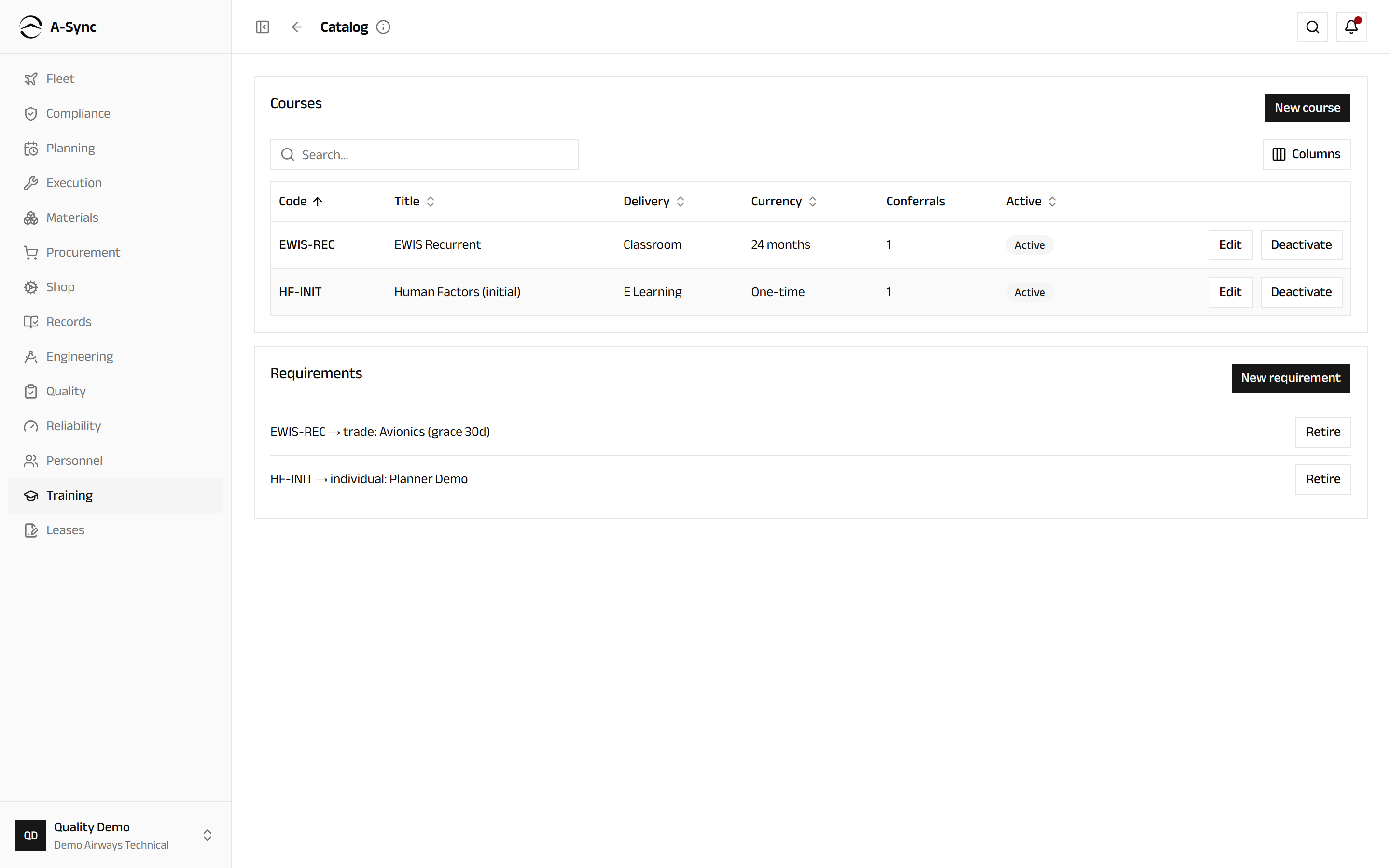 The training catalog showing the course list with delivery form, validity and conferrals, above the requirements that point courses at trades, roles and individuals