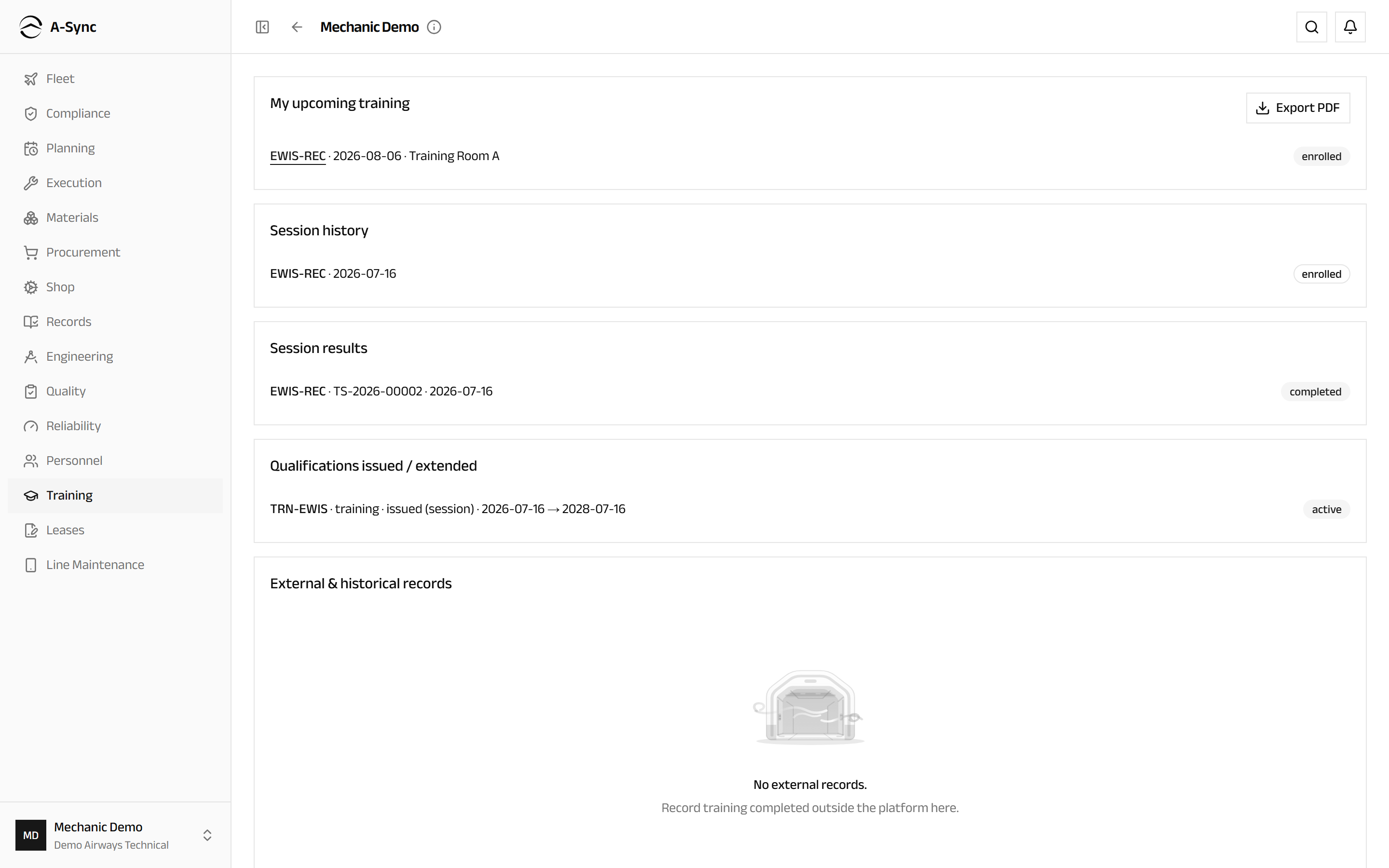 A personal training file showing upcoming enrollments, session history, recorded results and the qualifications training has issued or extended