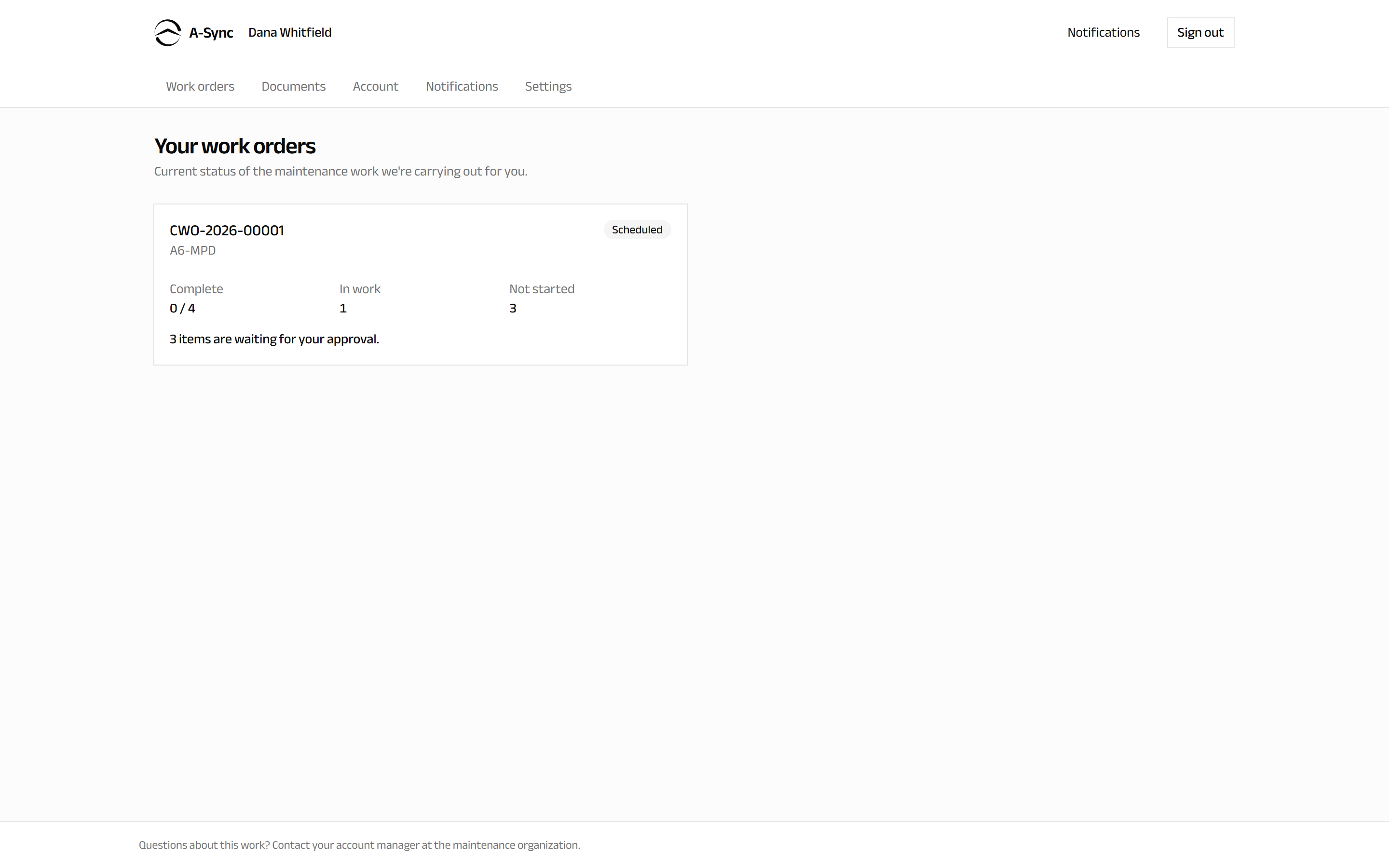 The customer dashboard listing work orders with their status and progress