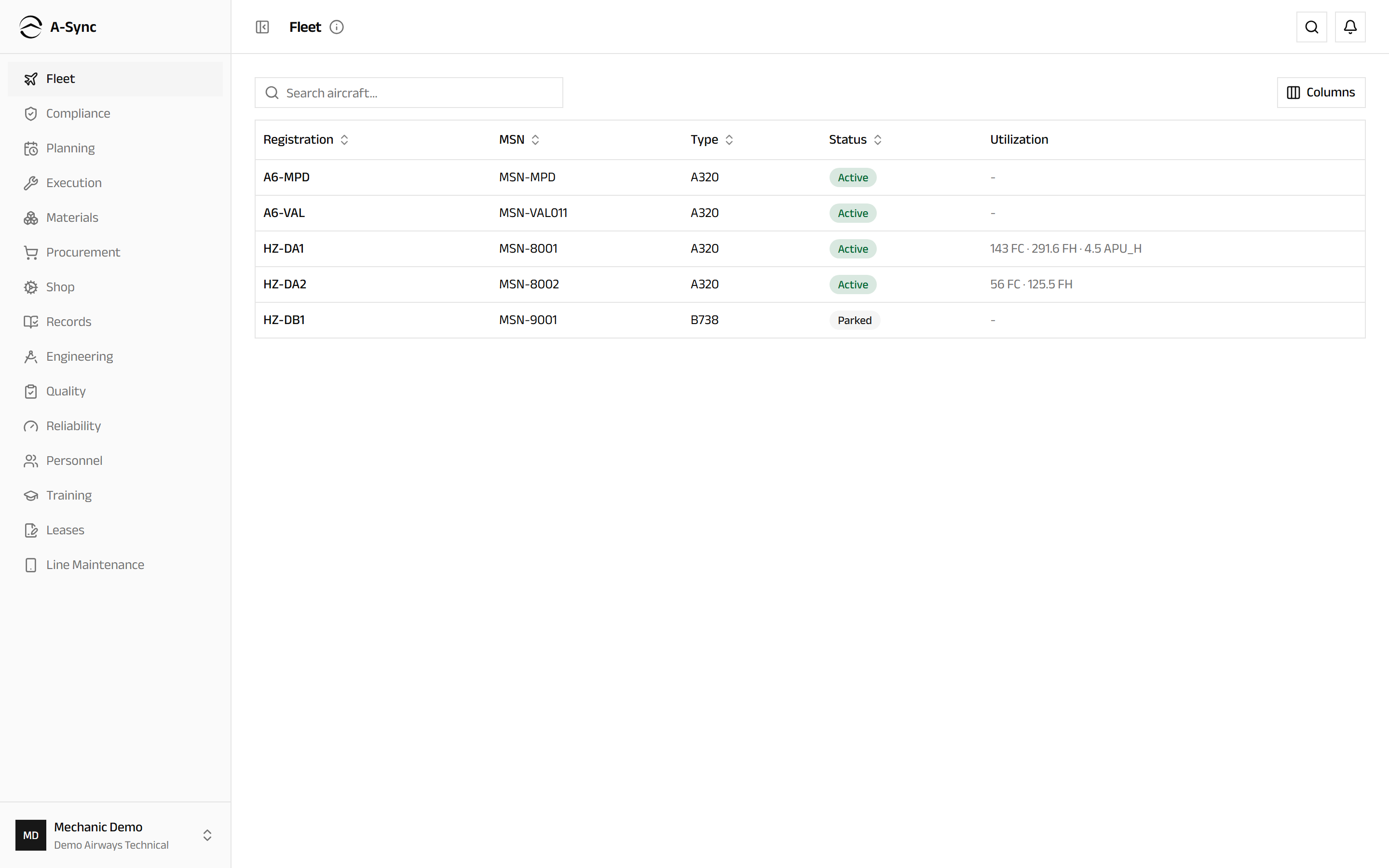The same Fleet screen signed in as a mechanic: no Billing in the sidebar, and no Register aircraft action in the header