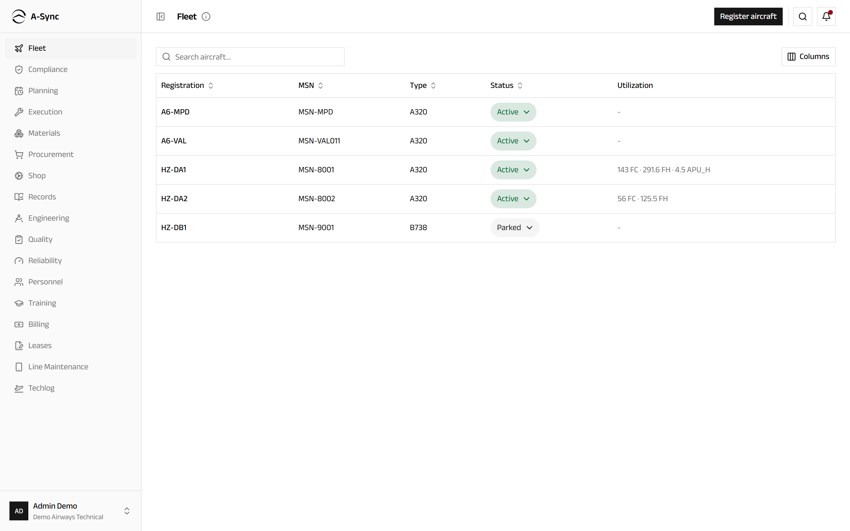 The A-Sync workspace: module sidebar on the left, page header across the top, and the content area filling the rest